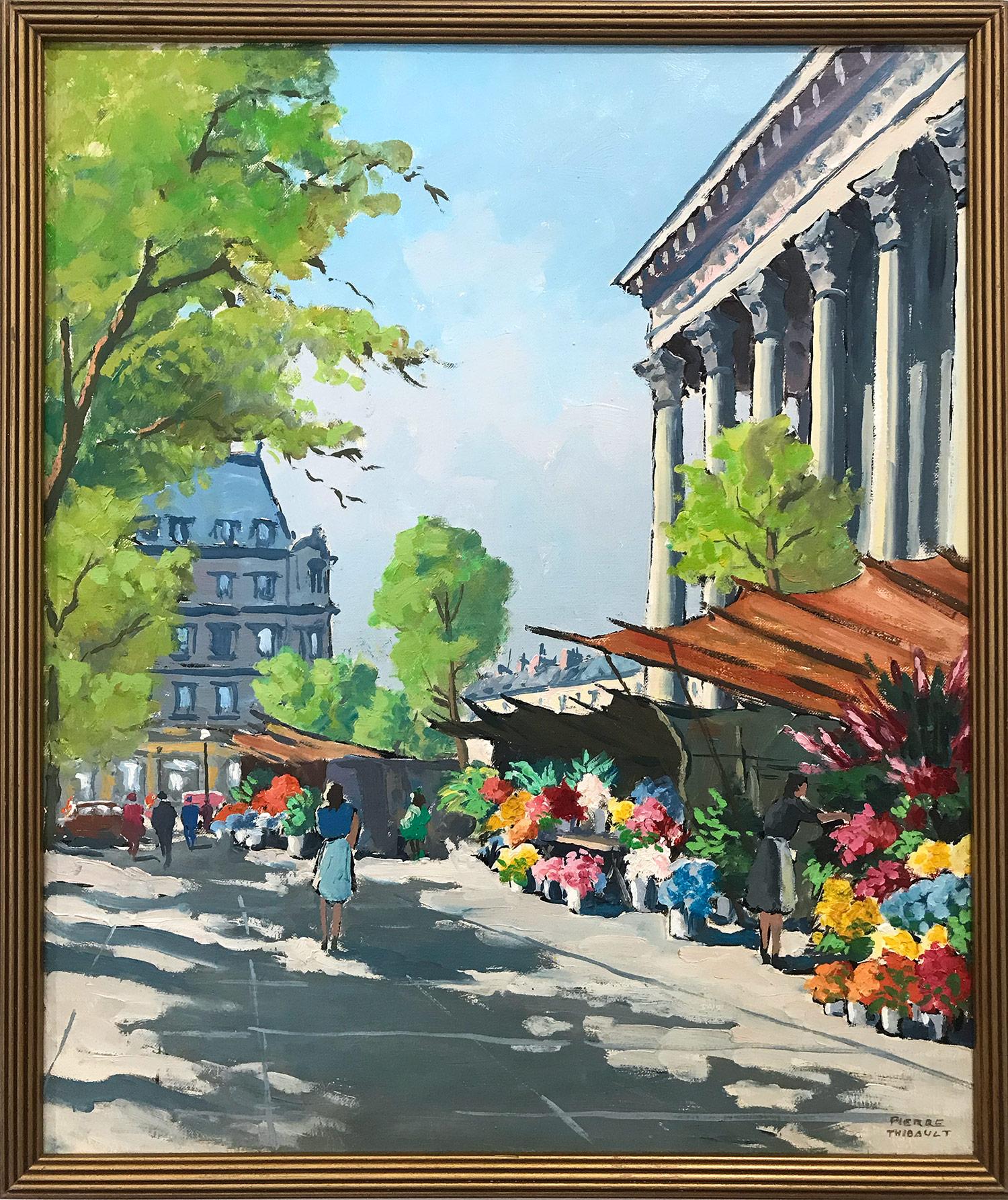 Pierre Thibault Landscape Painting - "Flower Stand by the Madeleine" French Impressionist Oil Painting on Canvas