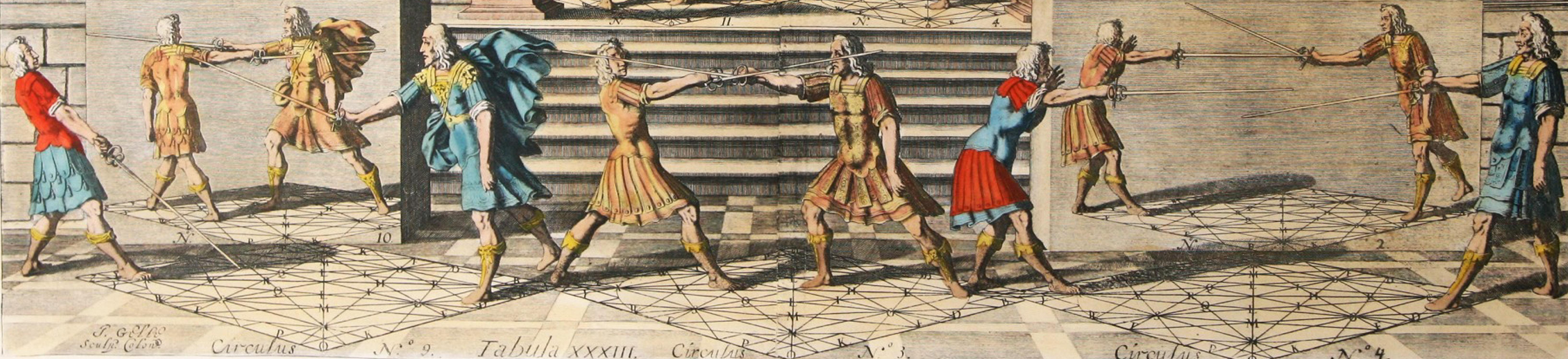 Two hand colored engravings from the Academie de l’Espee   ( full title can be translated as Academy of the Sword: wherein is demonstrated by mathematical rules on the foundation of a mysterious circle the theory and practice of the true and
