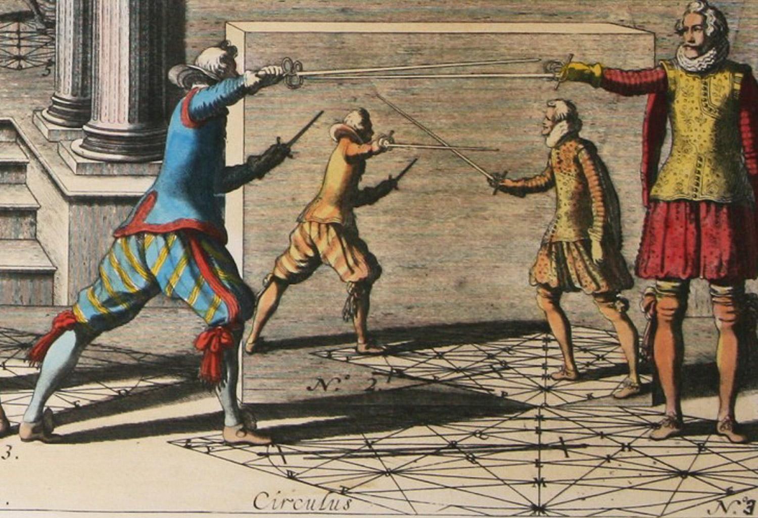 Two hand colored engravings from the Academie de l’Espee   ( full title can be translated as Academy of the Sword: wherein is demonstrated by mathematical rules on the foundation of a mysterious circle the theory and practice of the true and