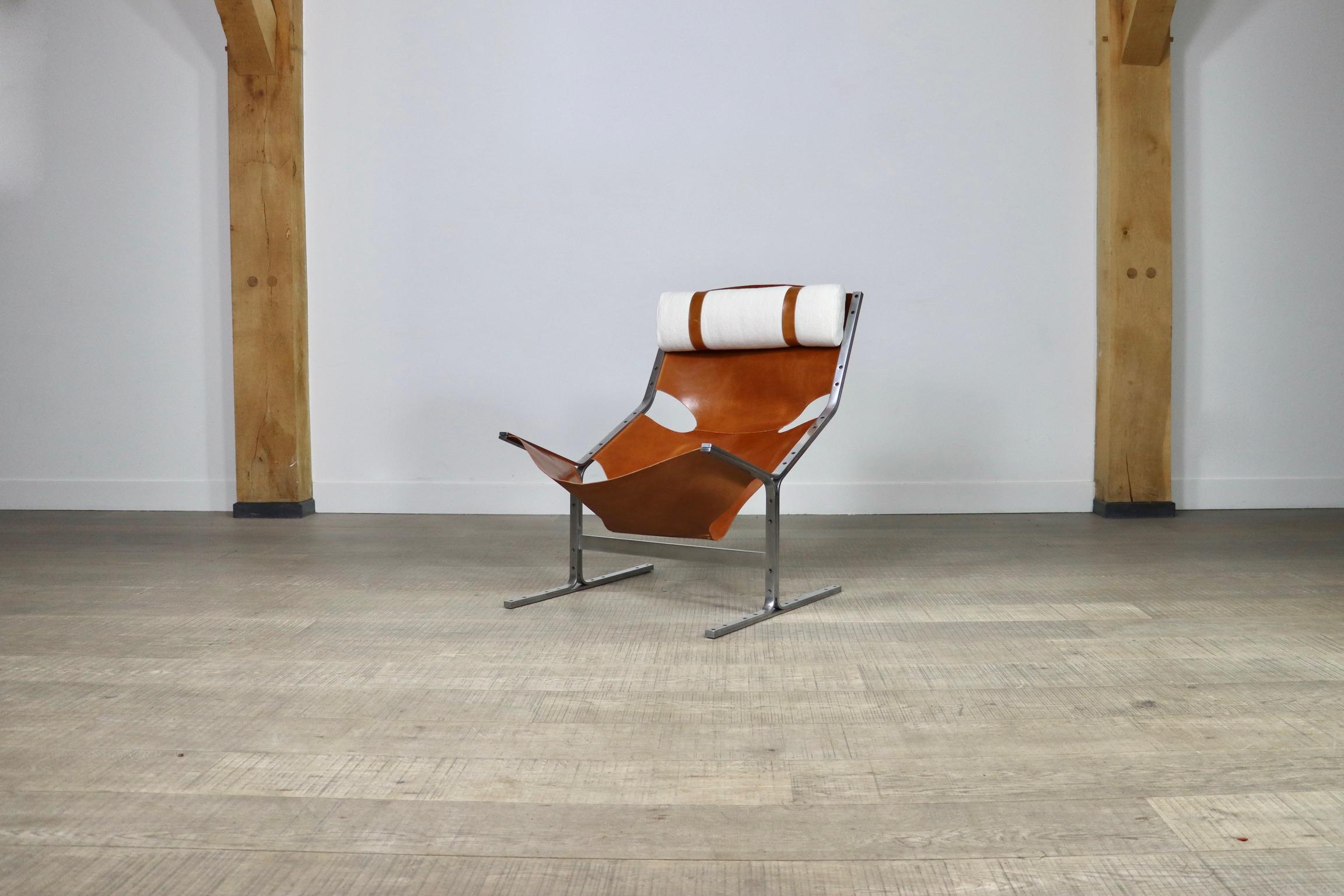 Stainless Steel Pierre Thielen Lounge Chair In Cognac Leather, Metz & Co, 1960s
