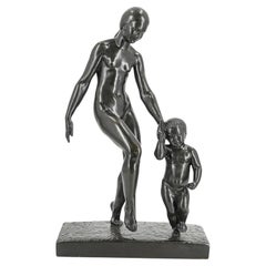 Pierre Traverse Art Deco Bronze Sculpture "Dancing Nude with Cherub"