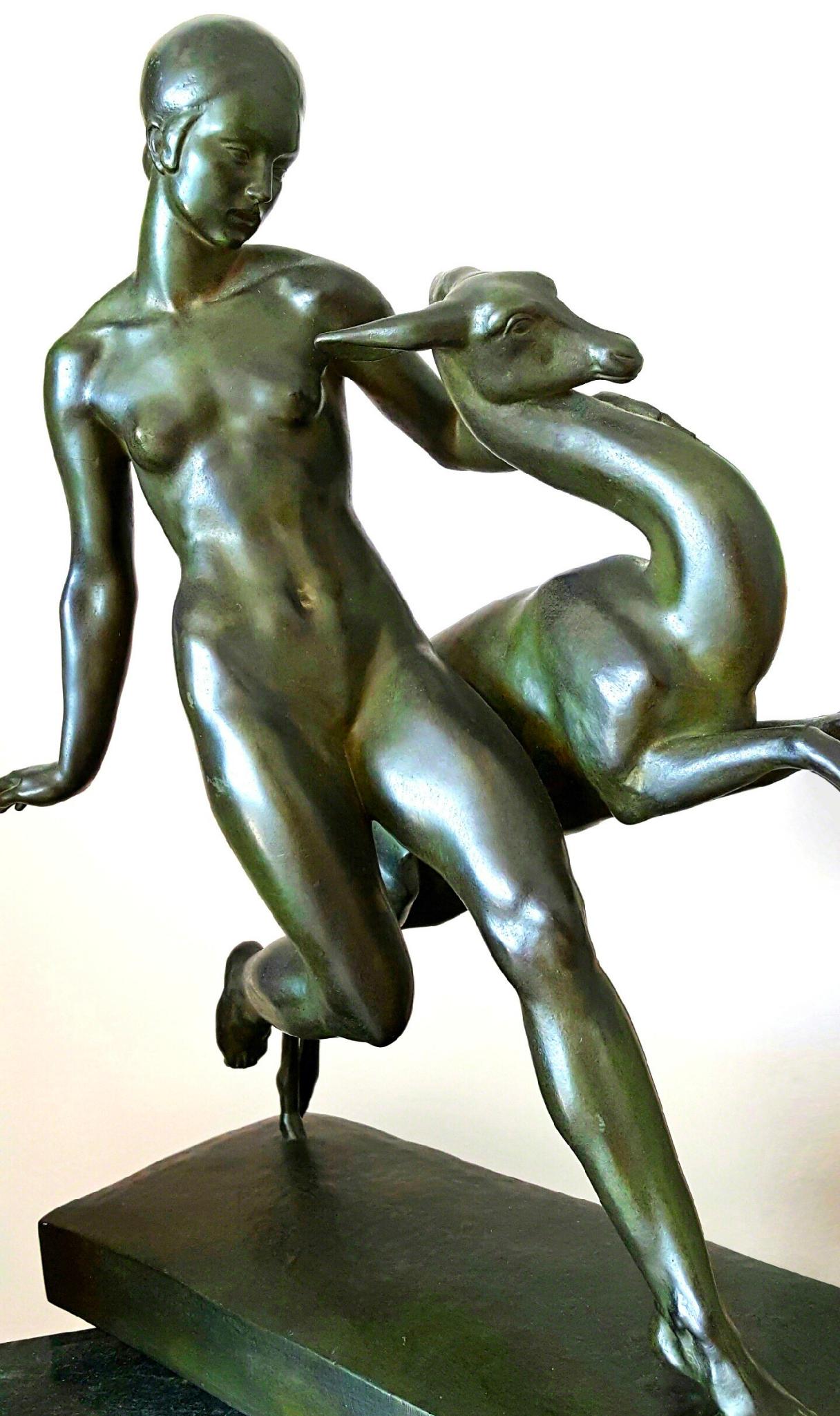 Art Deco Bronze Nude Girl with Fawn, Amazon with Fawn  - Sculpture by Pierre Traverse