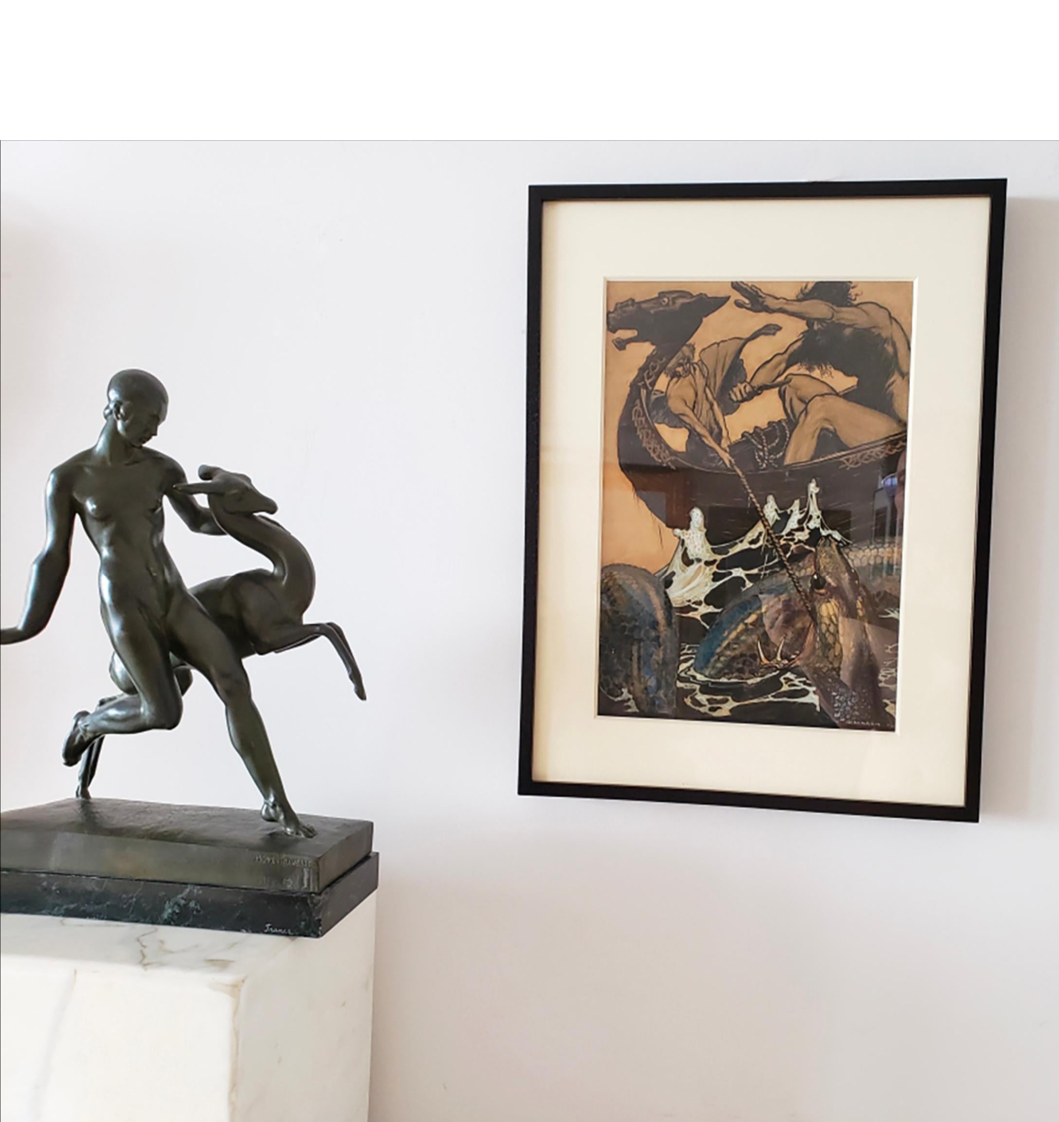 Art Deco Bronze Nacktes Mädchen mit Rehkitz, Amazone mit Rehkitz  (Art déco), Sculpture, von Pierre Traverse
