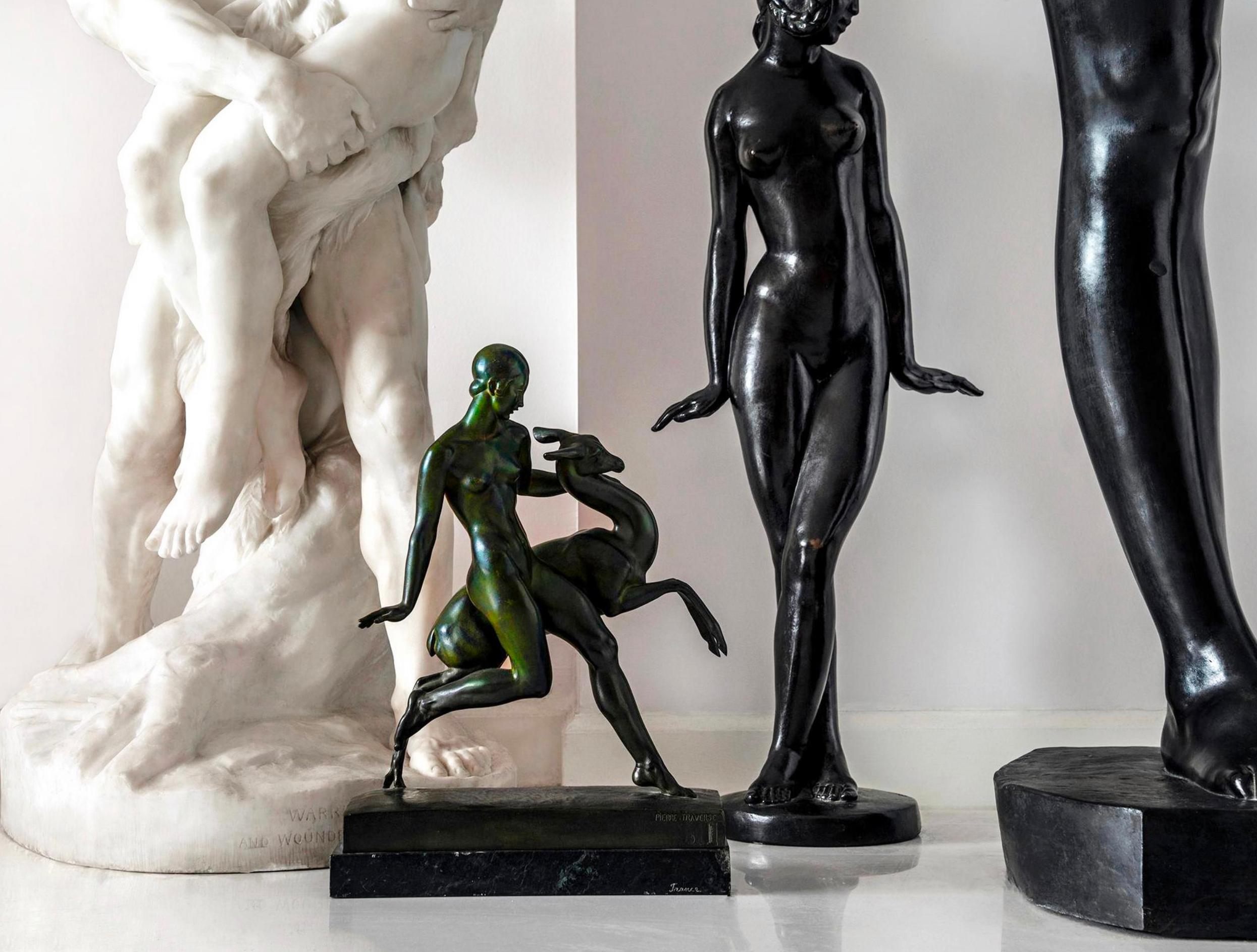 Art Deco Bronze Nude Girl with Fawn, Amazon with Fawn  - Gold Nude Sculpture by Pierre Traverse