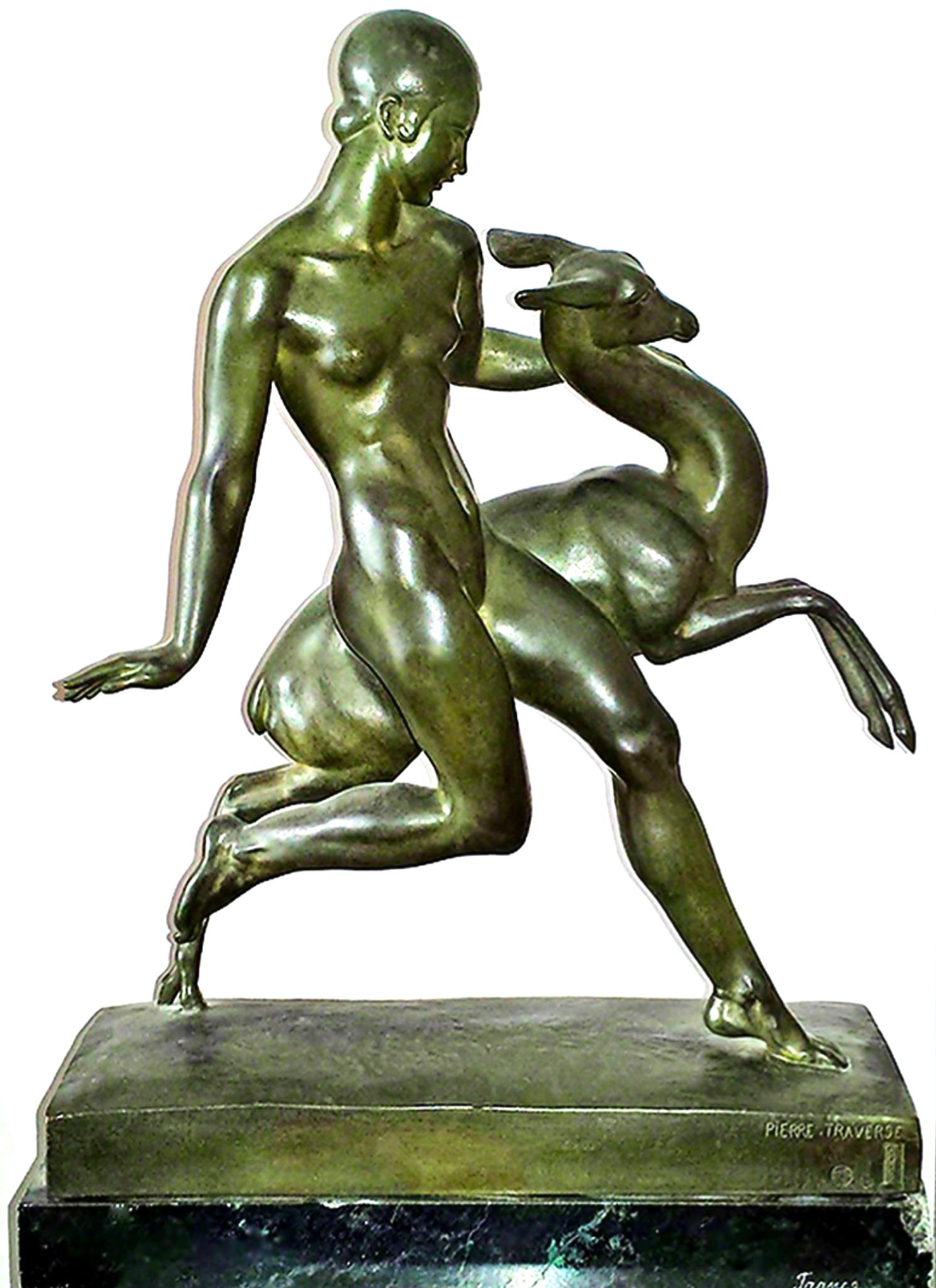 Art Deco Bronze Nude Girl with Fawn, Amazon with Fawn 
