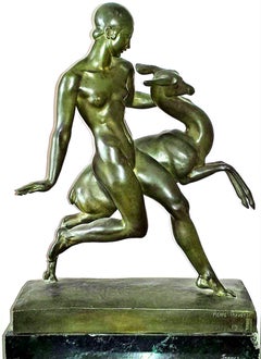 Antique Art Deco Bronze Nude Girl with Fawn, Amazon with Fawn 