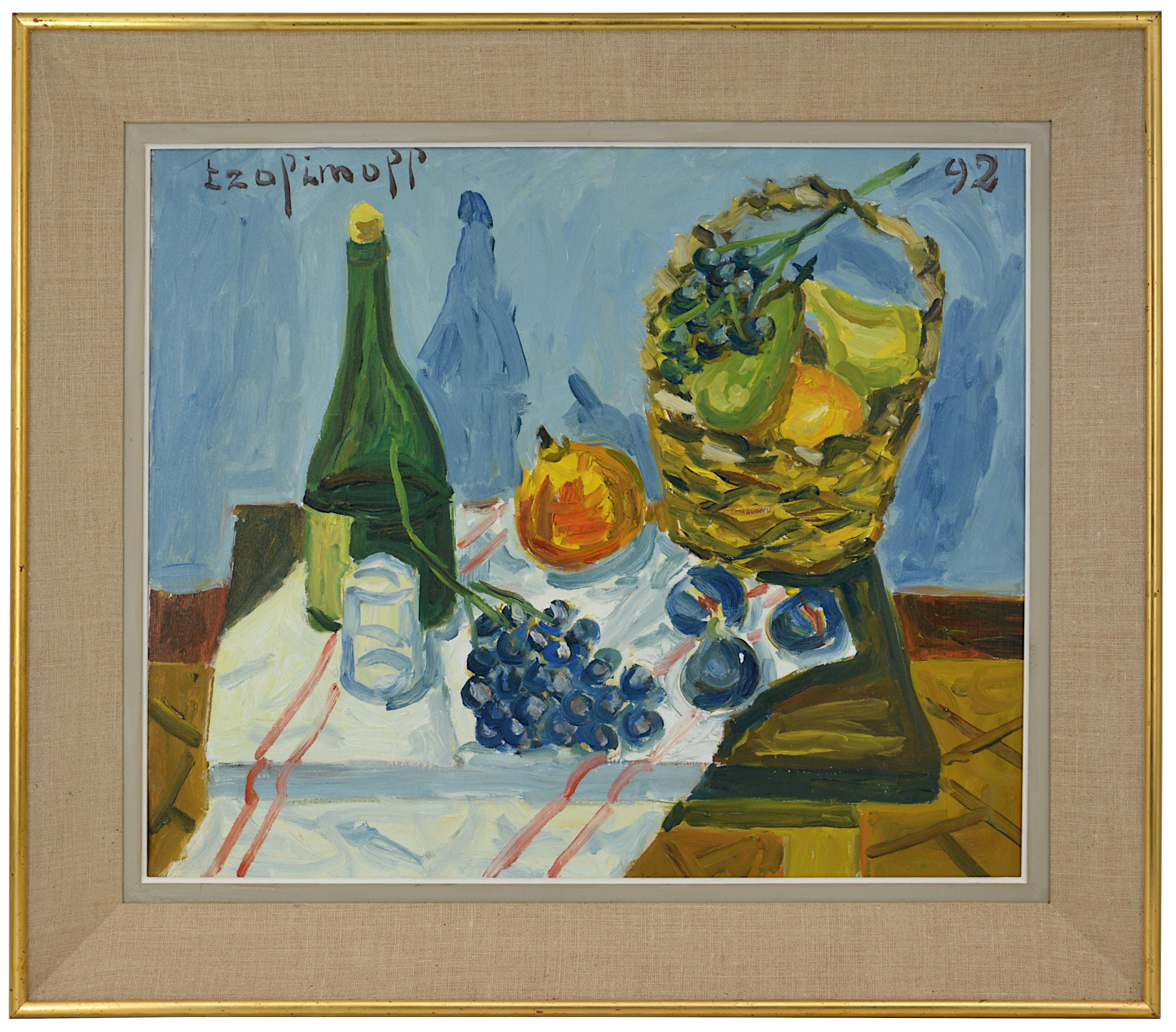 Pierre Trofimoff Still-Life Painting – Pierre TROFIMOFF, Stillleben mit Korb, Öl auf Leinwand, 1992