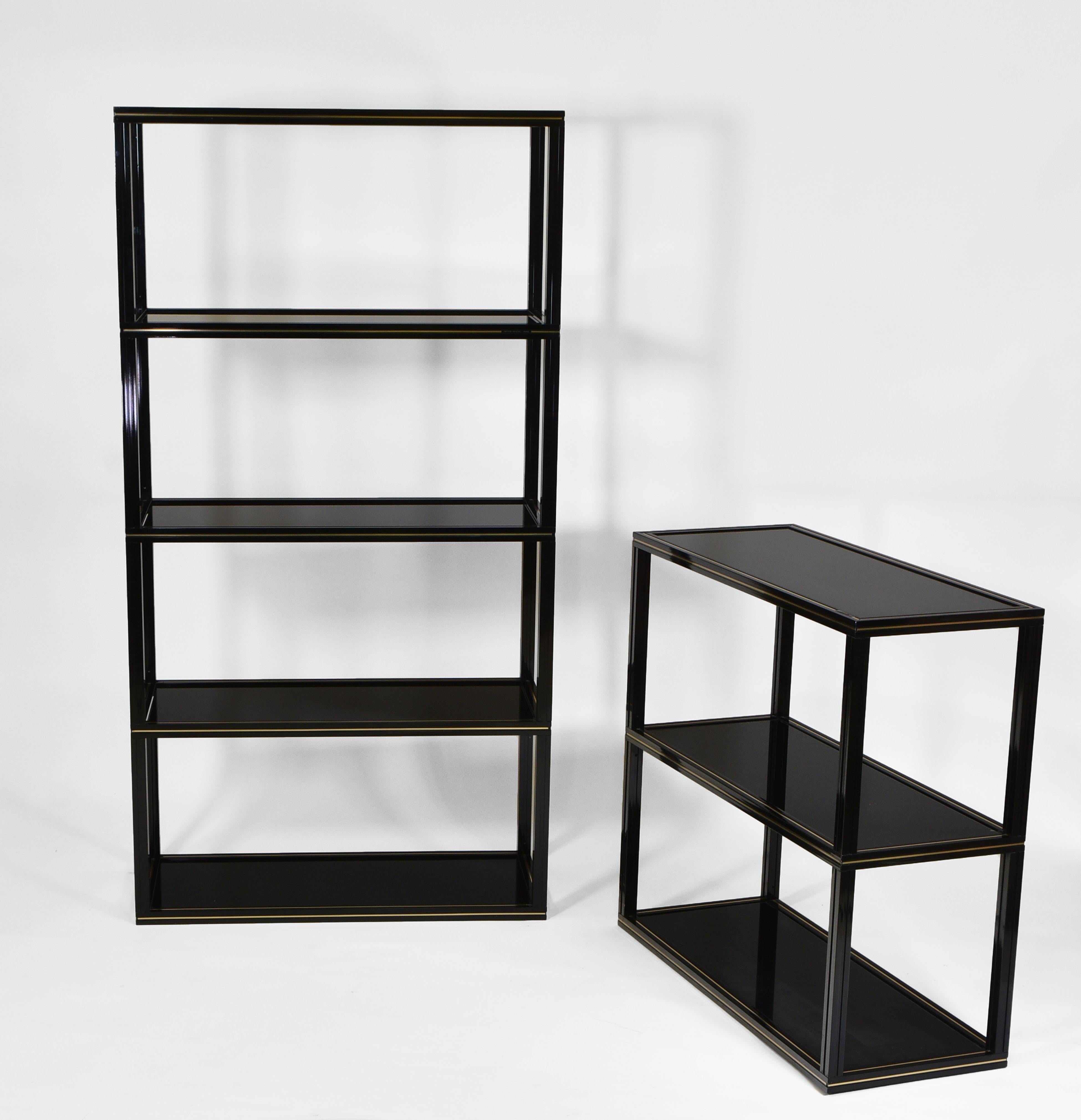 French Pierre Vandel 1970's Two Section Black Lacquered & Brass Étagères Open Shelving For Sale