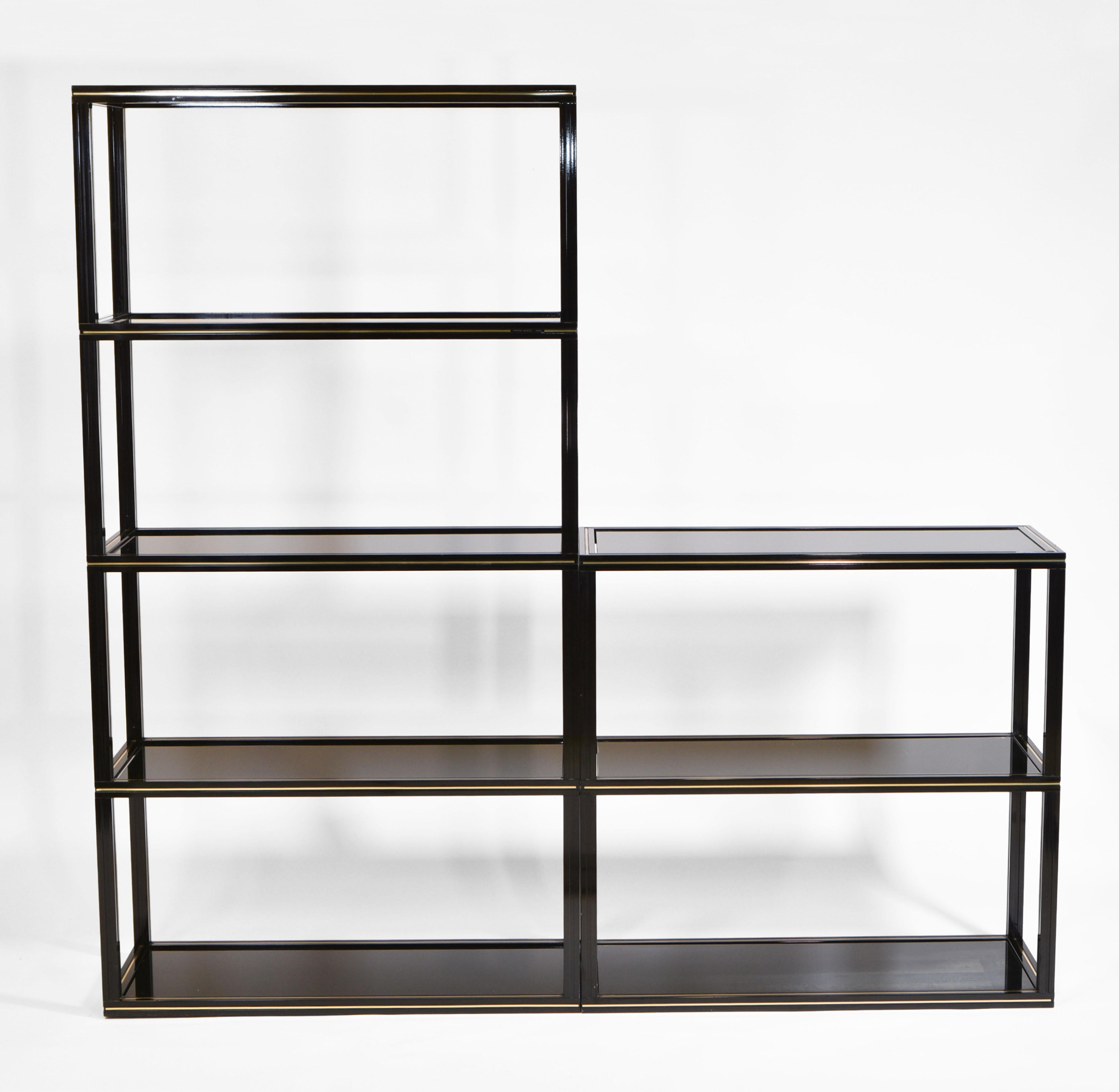 Late 20th Century Pierre Vandel 1970's Two Section Black Lacquered & Brass Étagères Open Shelving For Sale
