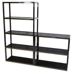 Retro Pierre Vandel 1970's Two Section Black Lacquered & Brass Étagères Open Shelving