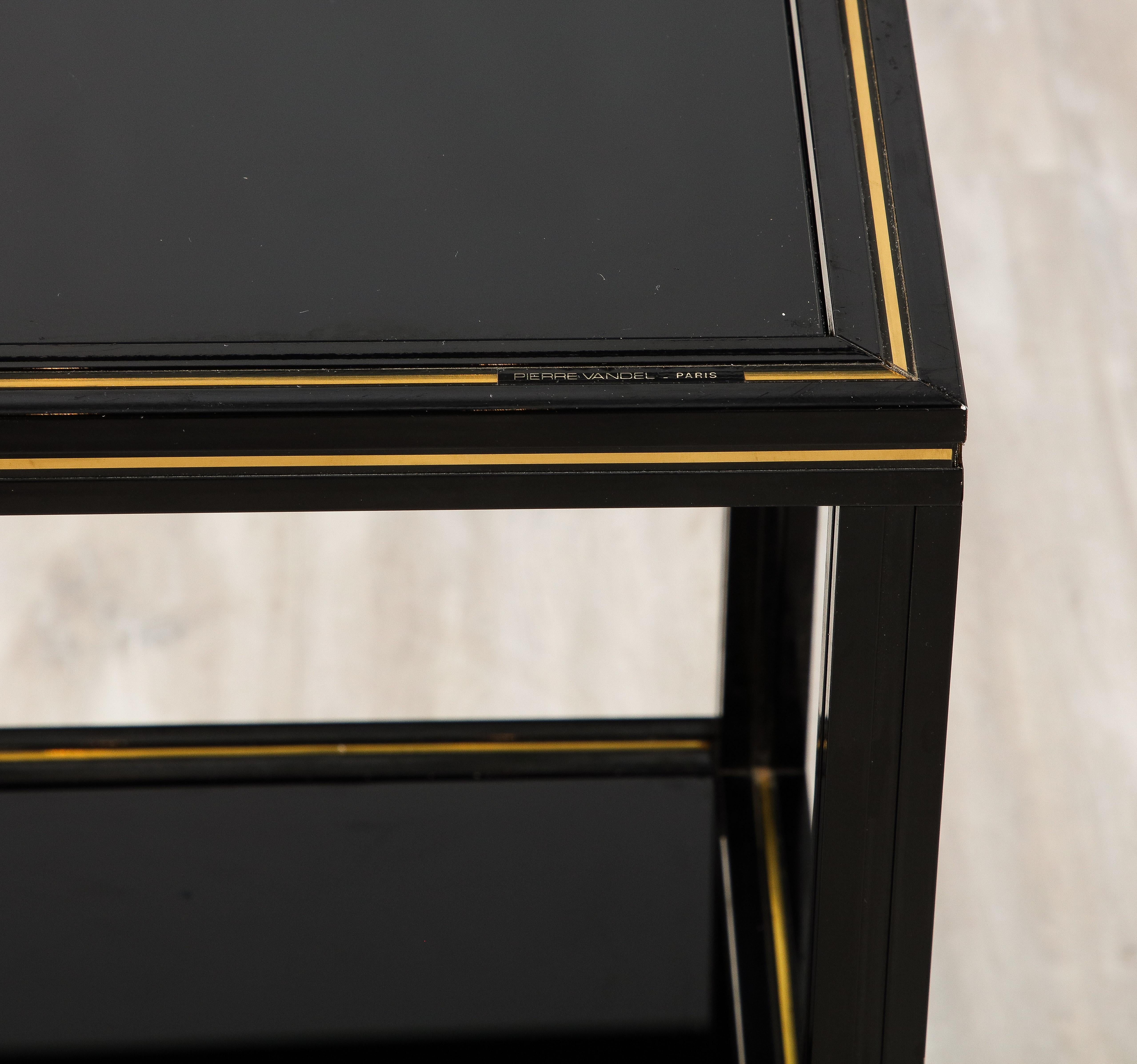 French Pierre Vandel Black Glass and Brass Etagère, France, circa 1970  For Sale