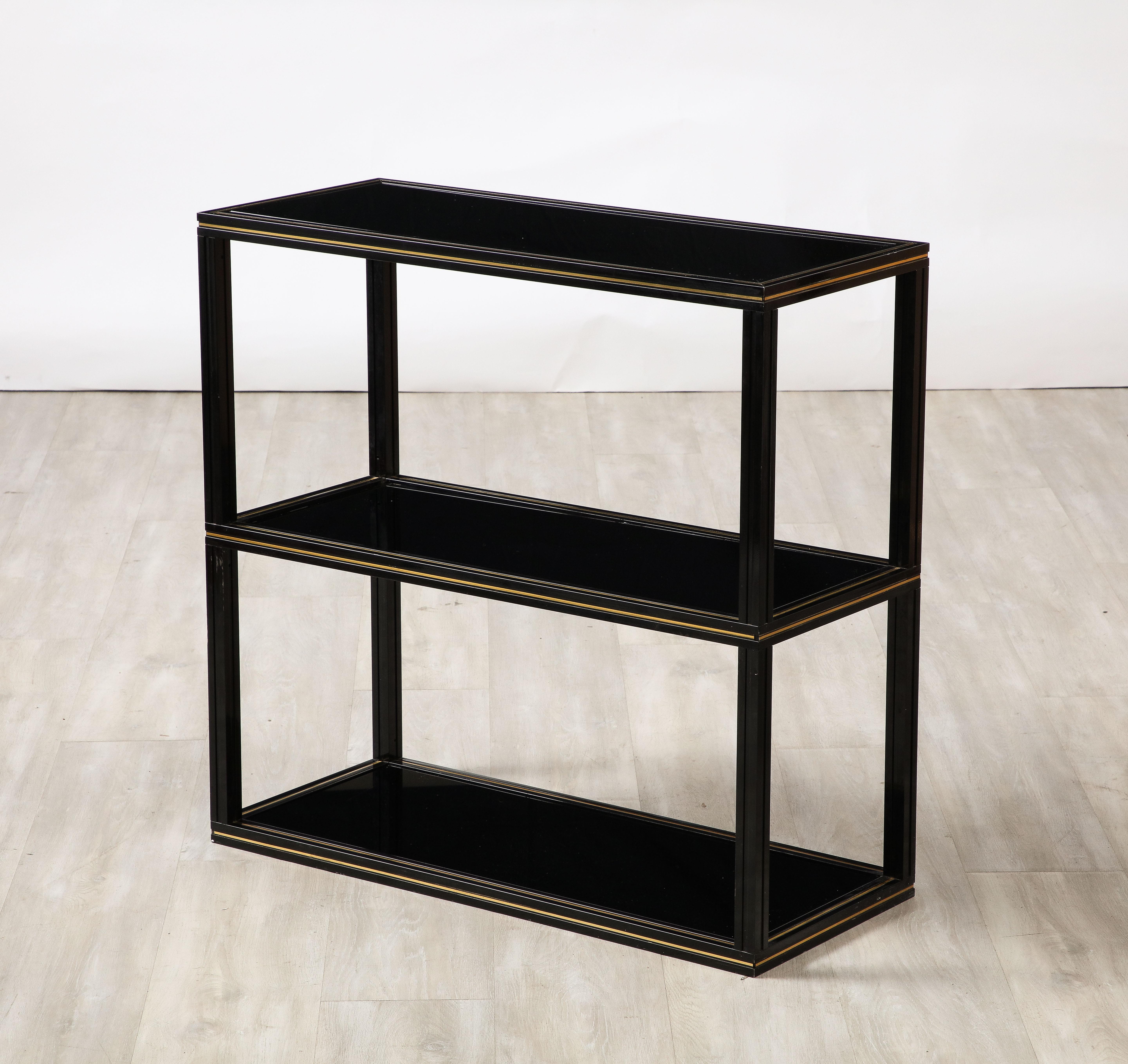 Late 20th Century Pierre Vandel Black Glass and Brass Etagère, France, circa 1970  For Sale