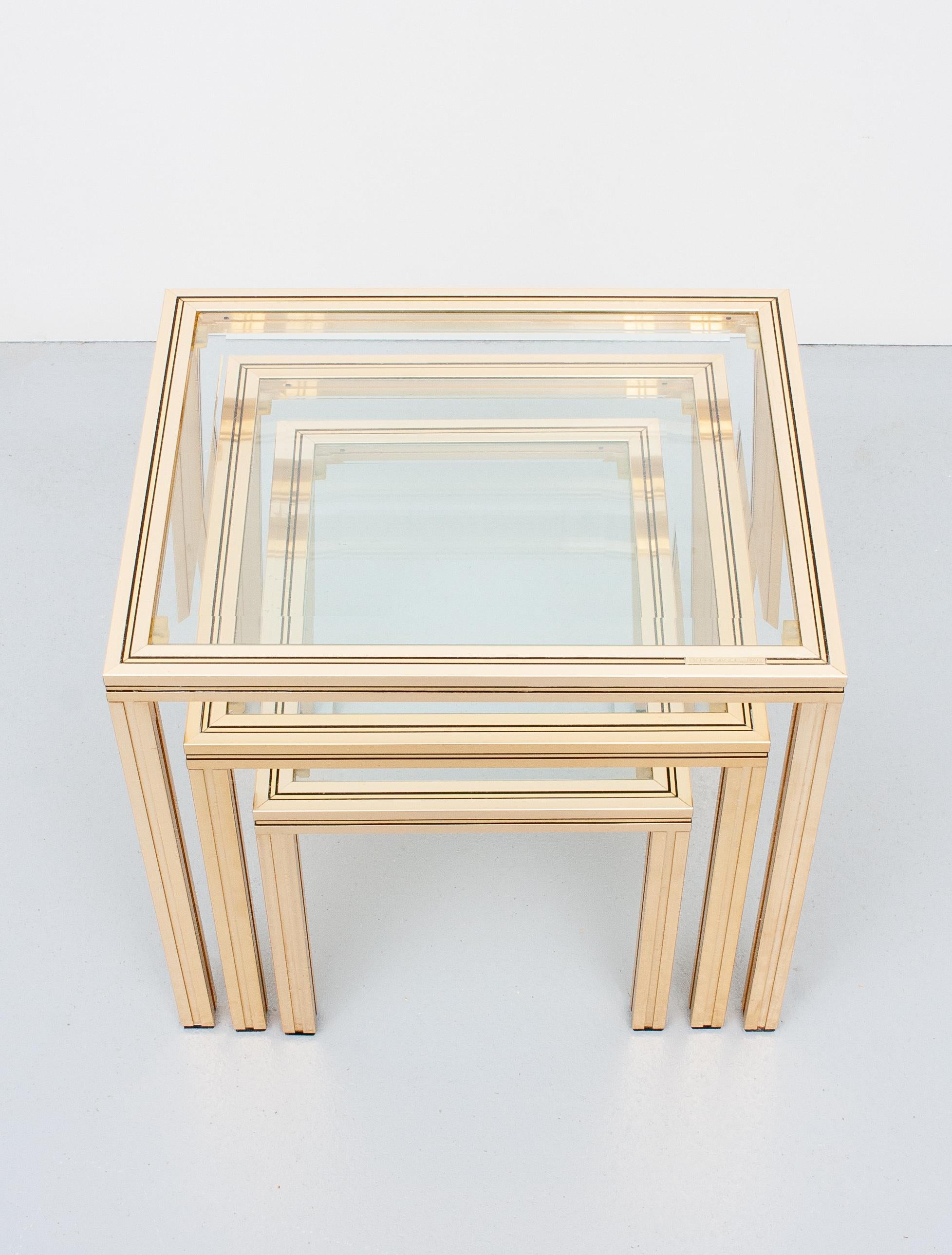 Hollywood Regency Pierre Vandel Brass Nesting Tables, France, 1970s For Sale