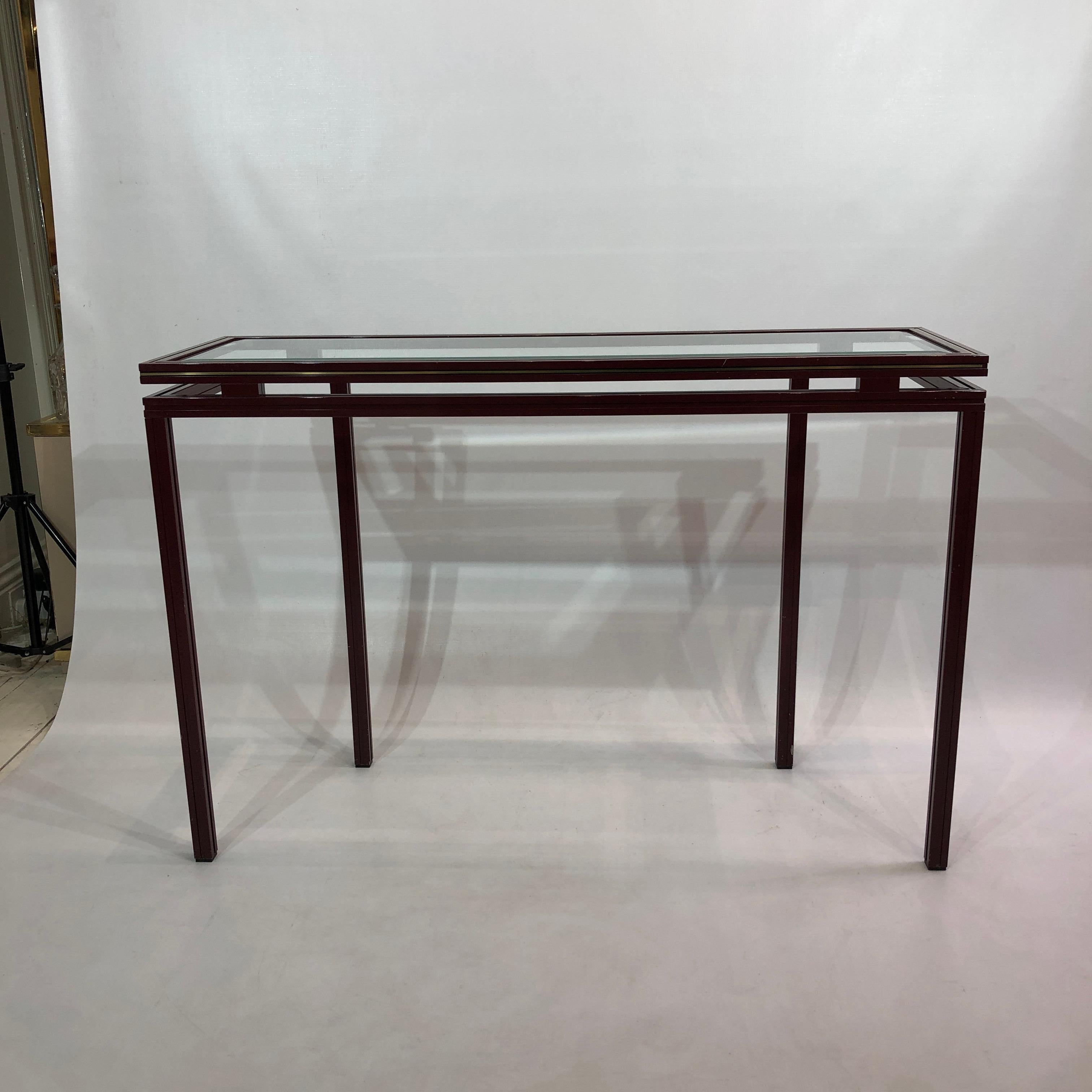 Mid-Century Modern Pierre Vandel Burgundy Console Table Hollywood Regency Glass 1970s France For Sale