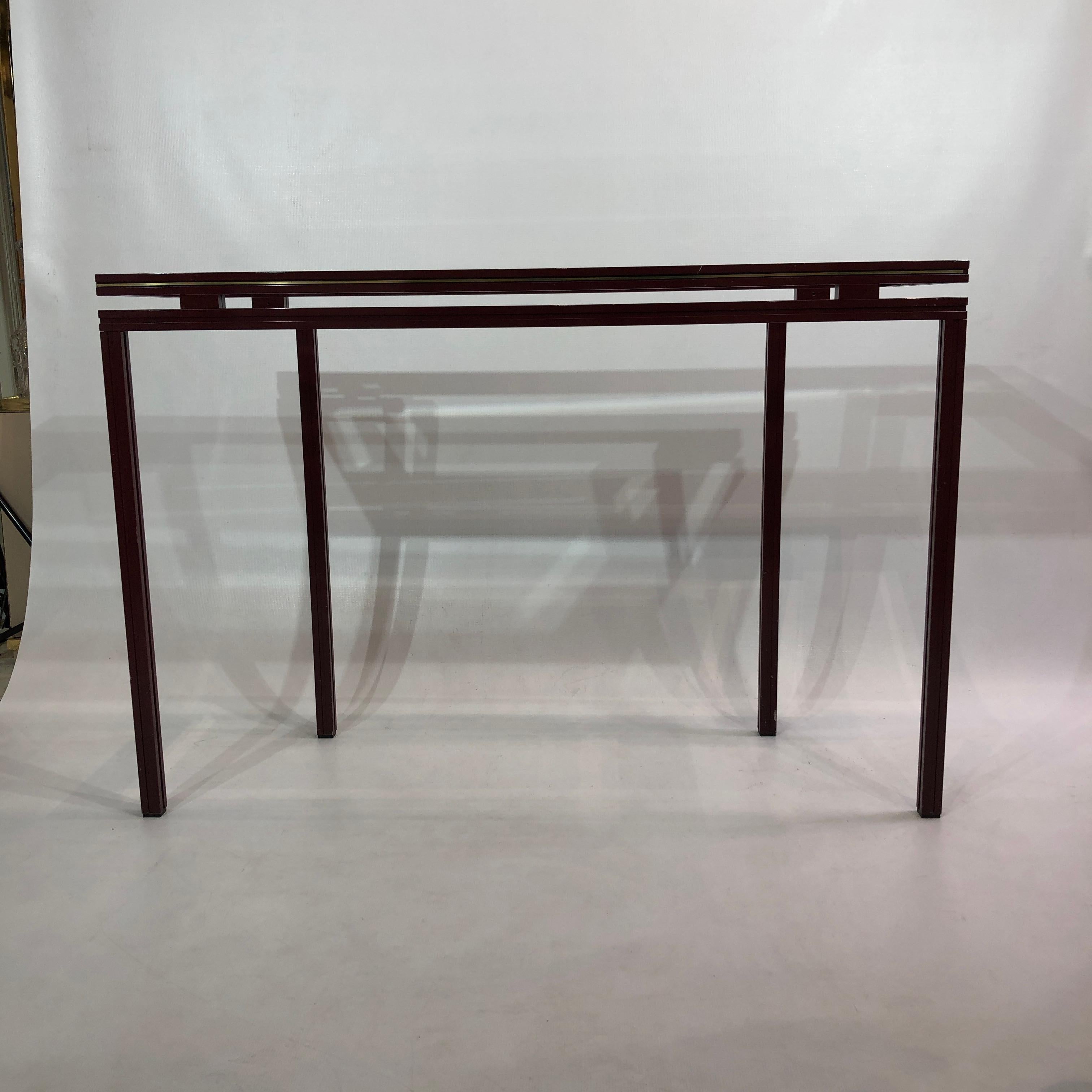 French Pierre Vandel Burgundy Console Table Hollywood Regency Glass 1970s France For Sale