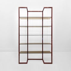 Pierre Vandel Burgundy Tall Etagere 1970s Vintage Smoked Glass France Brass