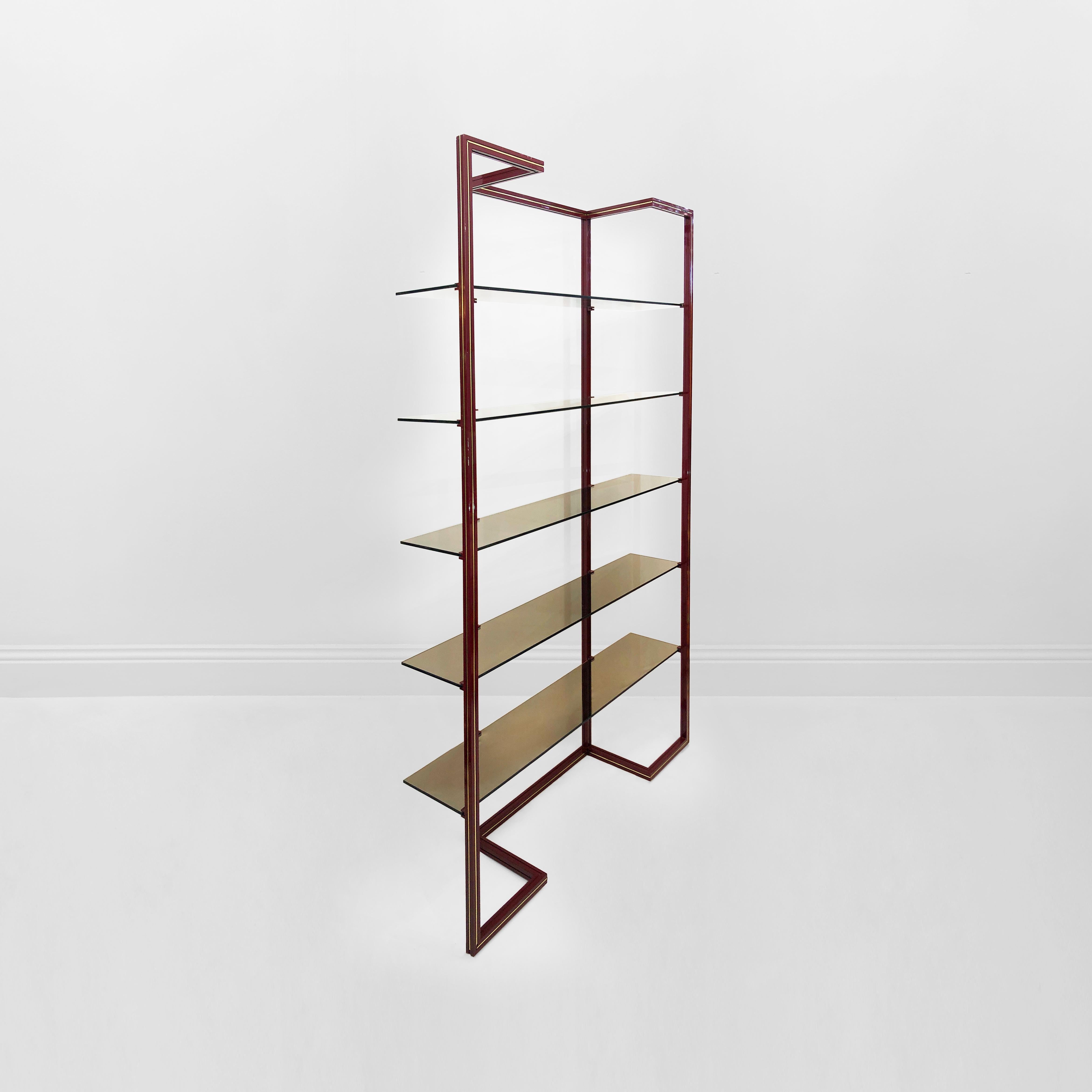 Powder-Coated Pierre Vandel Burgundy Tall Etagere 1970s Vintage Smoked Glass France Brass