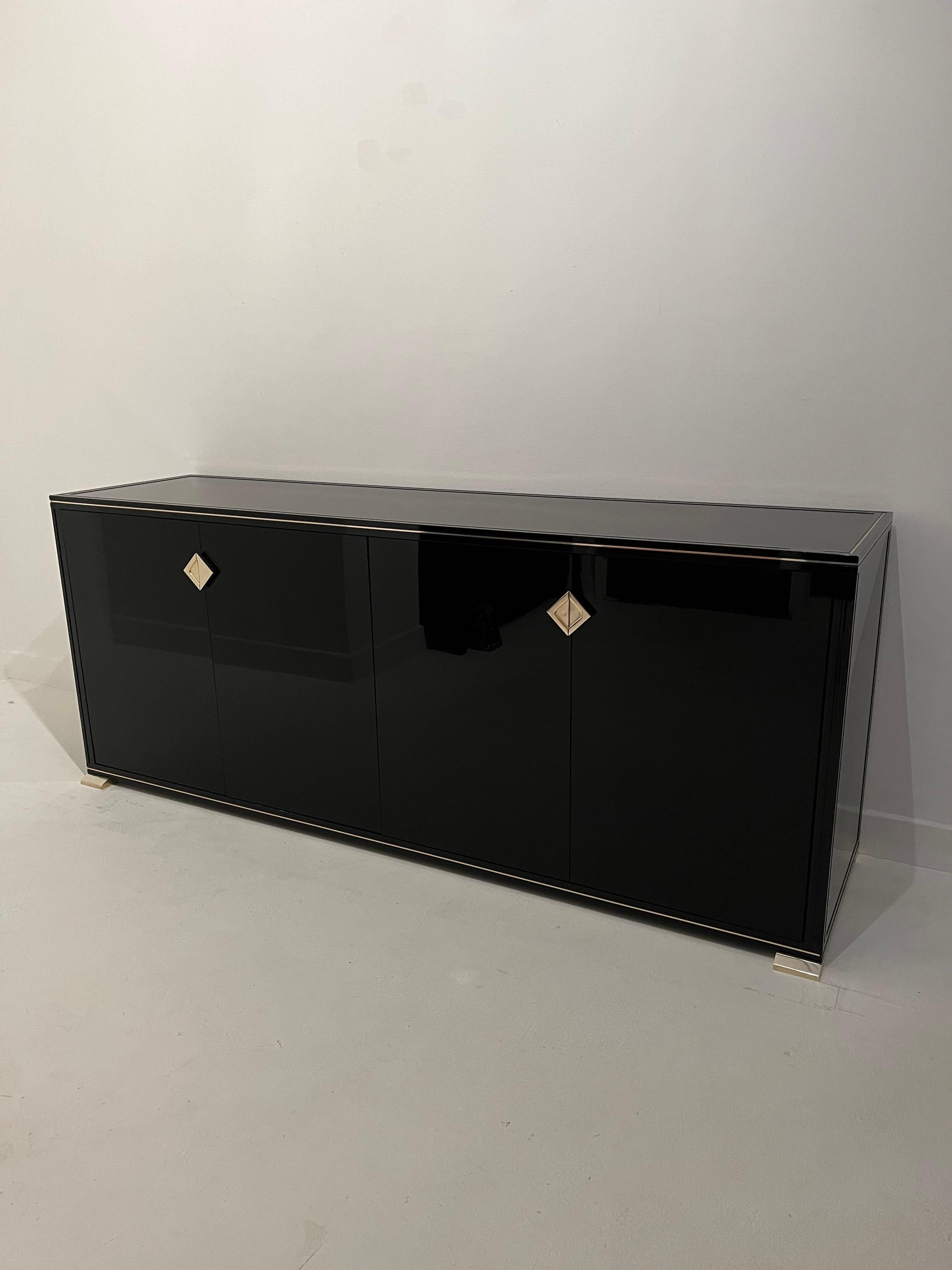 Rare Pierre Vandel double sideboard. 
Great Size and nice clean lines. 
Black acrylic finish on wood with black painted aluminium frame - super clean for age and in great condition.

Top has light surface scratches or scuffs, really hard to