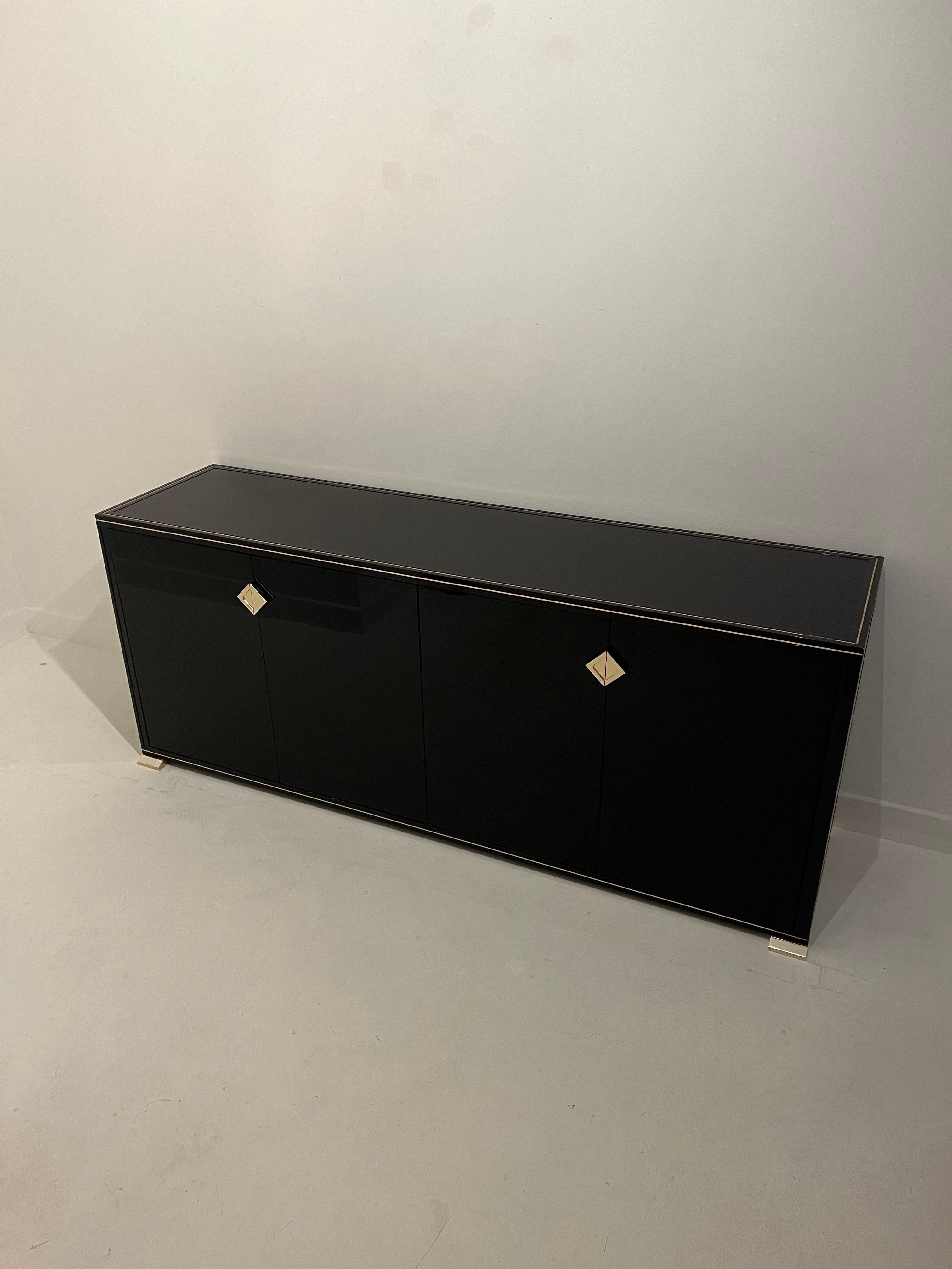 Metal Pierre Vandel Double Sideboard Credenza Black Gold - c1980s For Sale