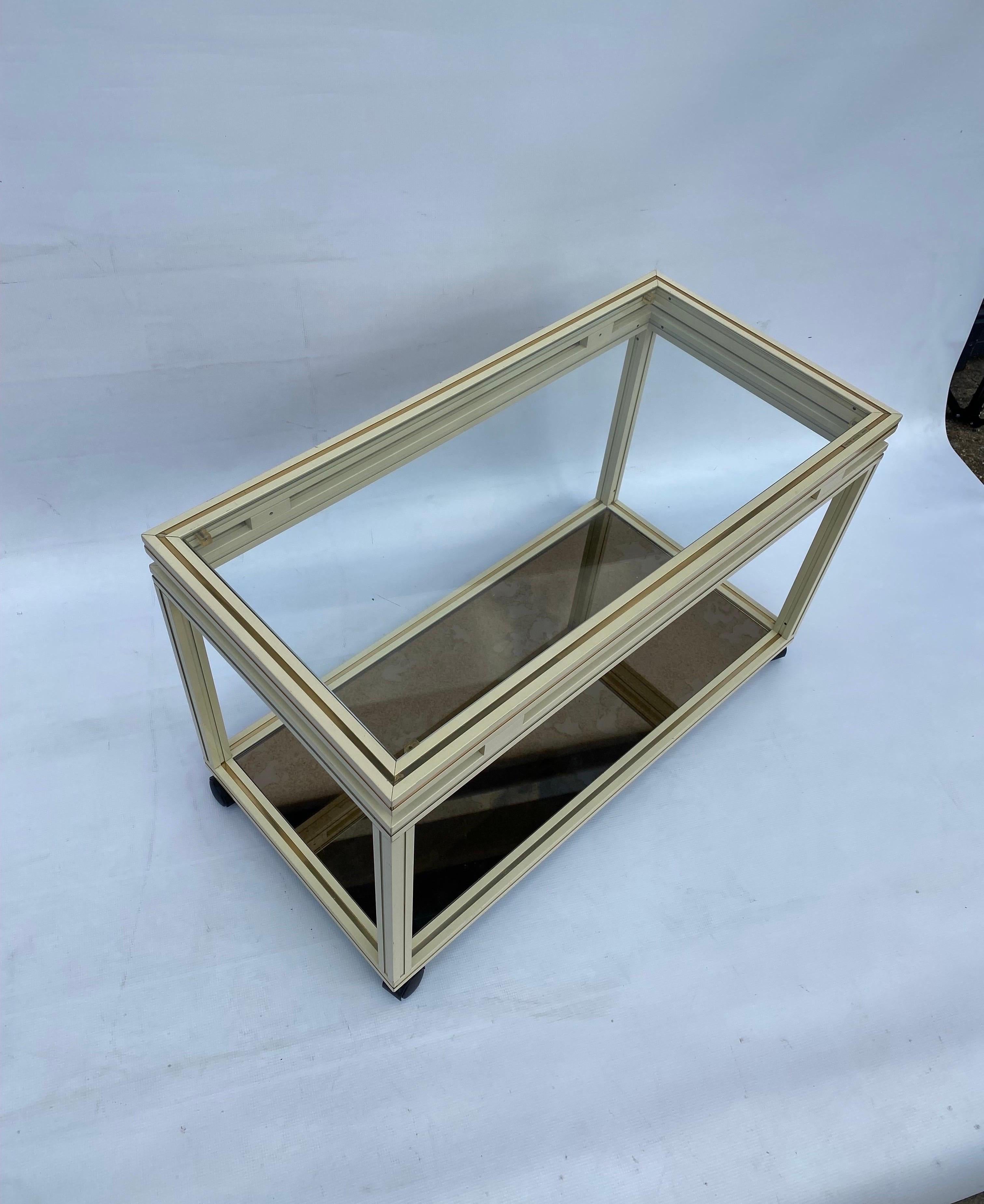 Mid-Century Modern Pierre Vandel Drinks Cart Shelf Two Tiered Table Mirror Hollywood Regency 1970s For Sale