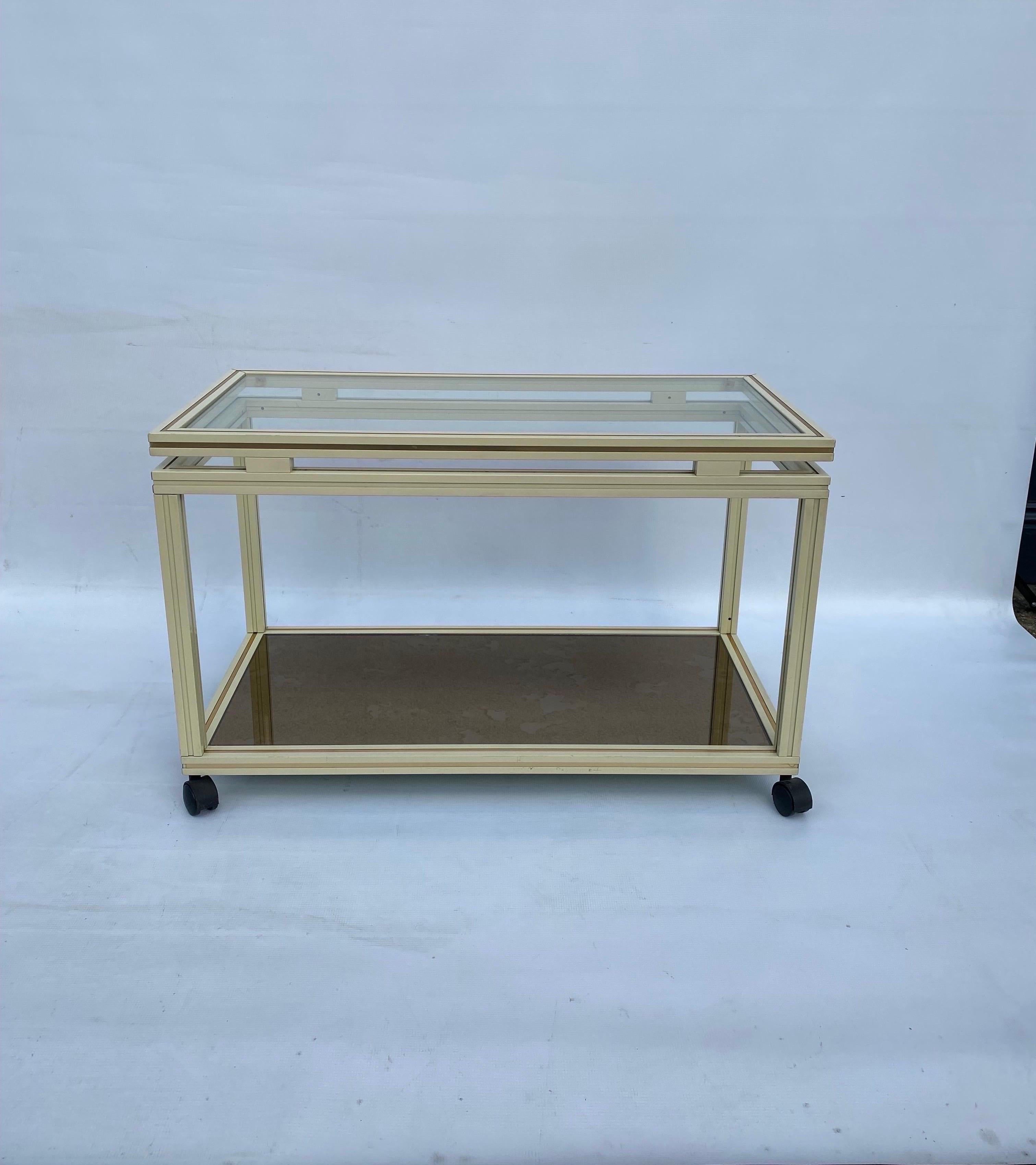 French Pierre Vandel Drinks Cart Shelf Two Tiered Table Mirror Hollywood Regency 1970s For Sale