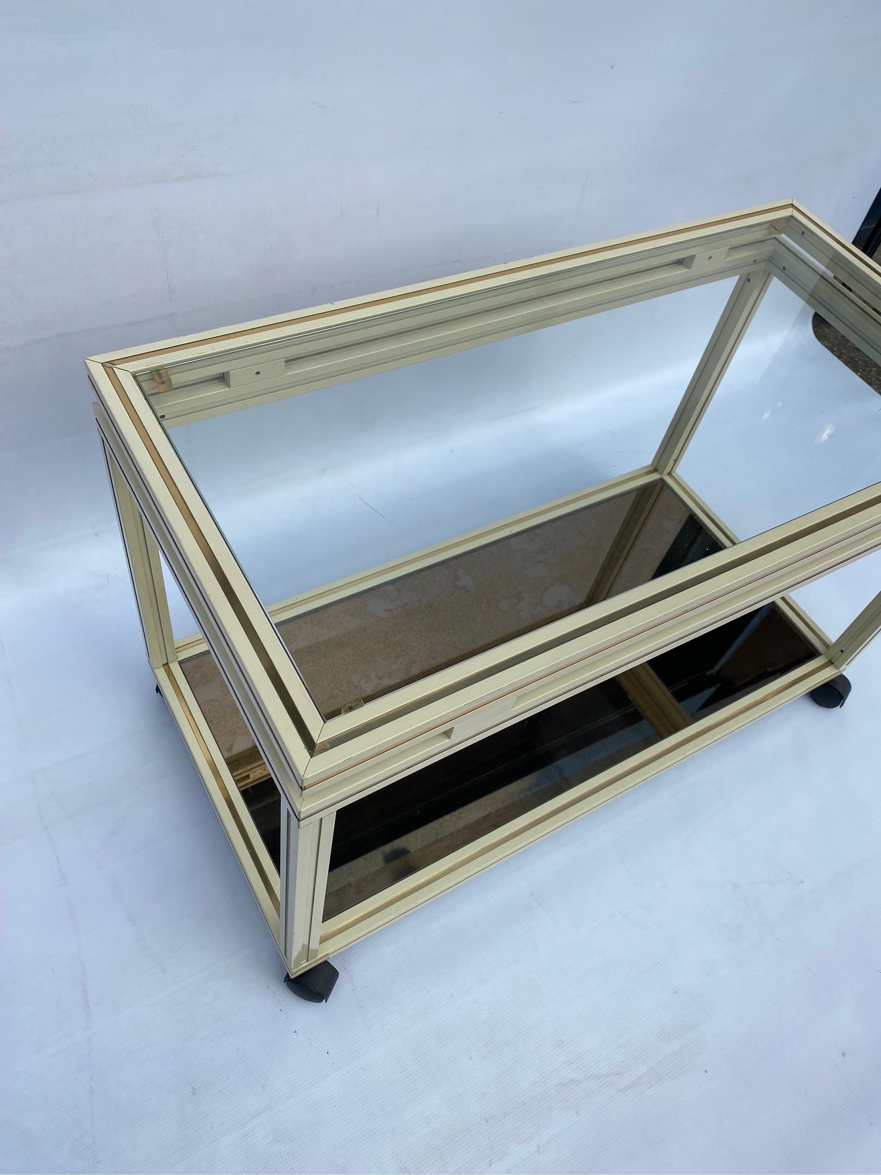 Metal Pierre Vandel Drinks Cart Shelf Two Tiered Table Mirror Hollywood Regency 1970s For Sale