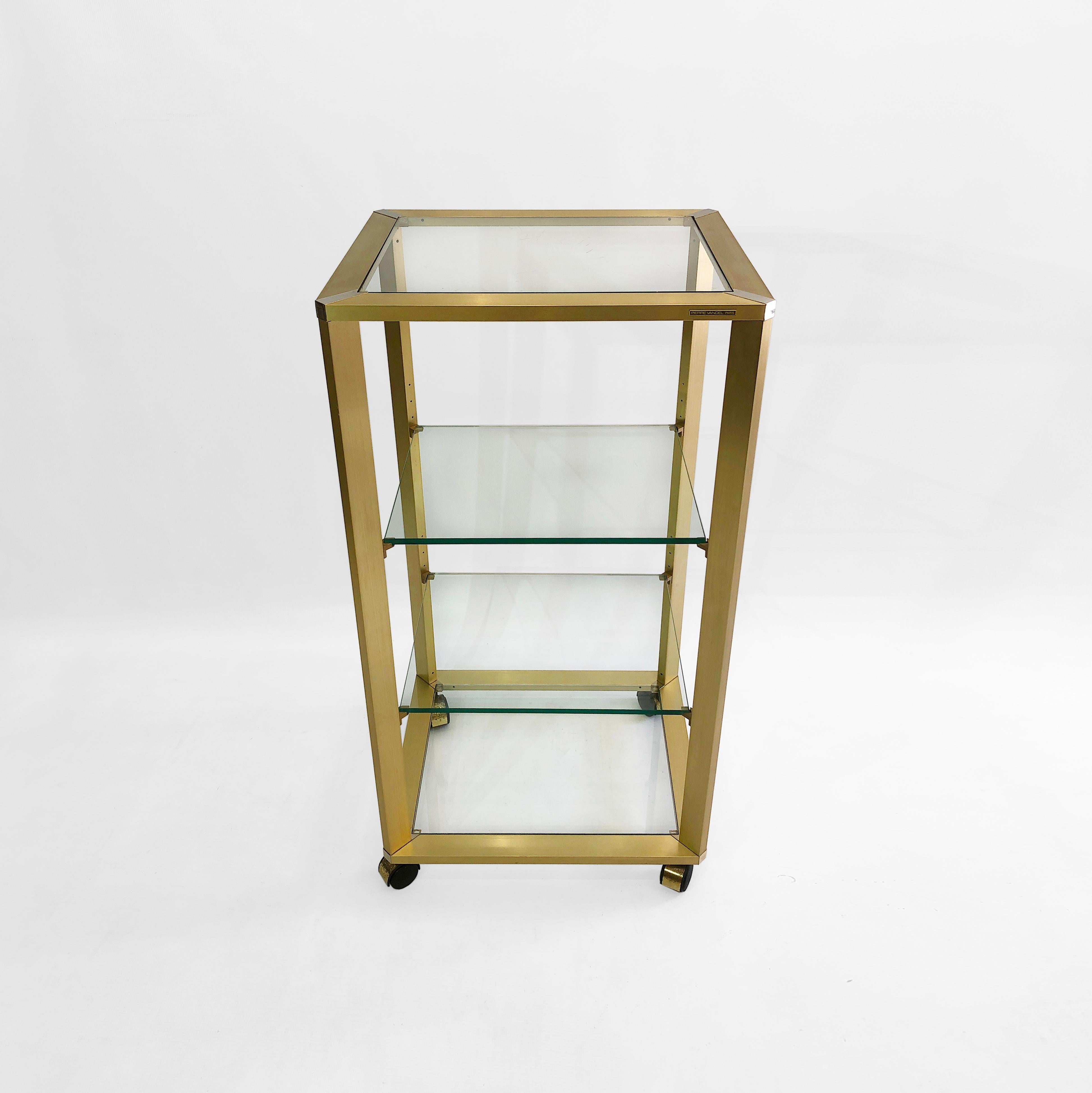 Plated Pierre Vandel Gold Brass Glass Etagere on Wheels 1970s Drinks Trolley Shelving For Sale