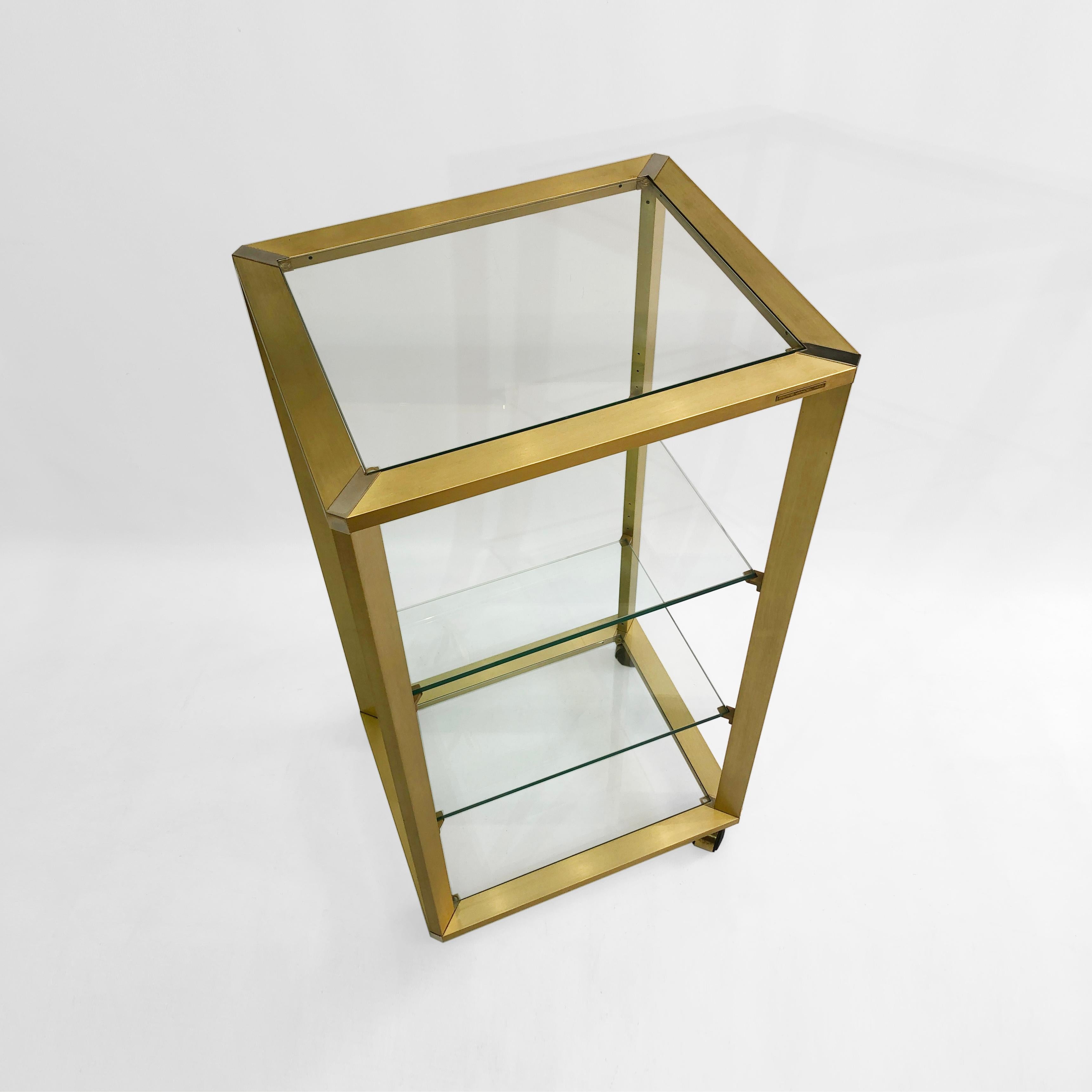 Pierre Vandel Gold Brass Glass Etagere on Wheels 1970s Drinks Trolley Shelving In Good Condition For Sale In London, GB