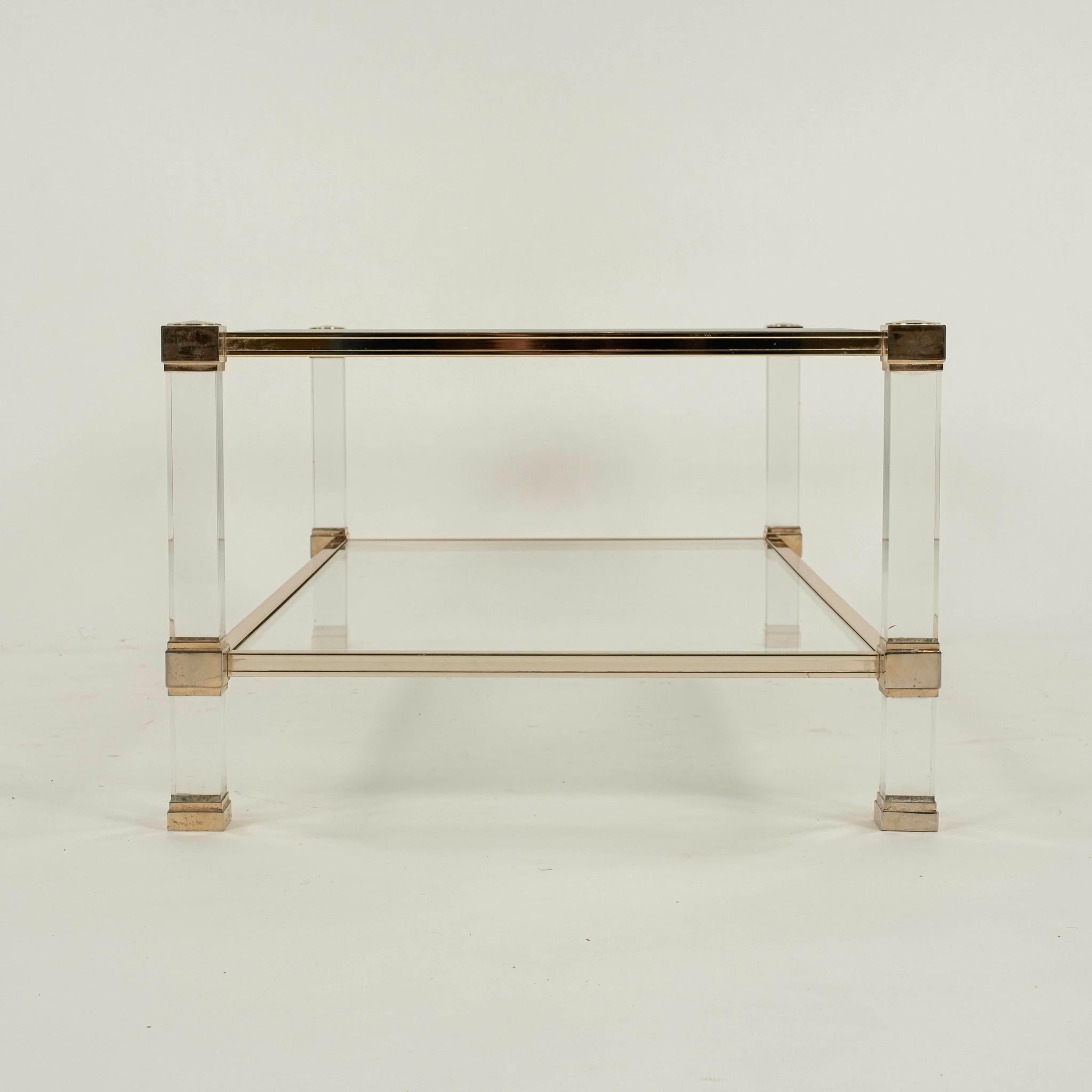 Modern Pierre Vandel Lucite Brass and Glass Cocktail Table