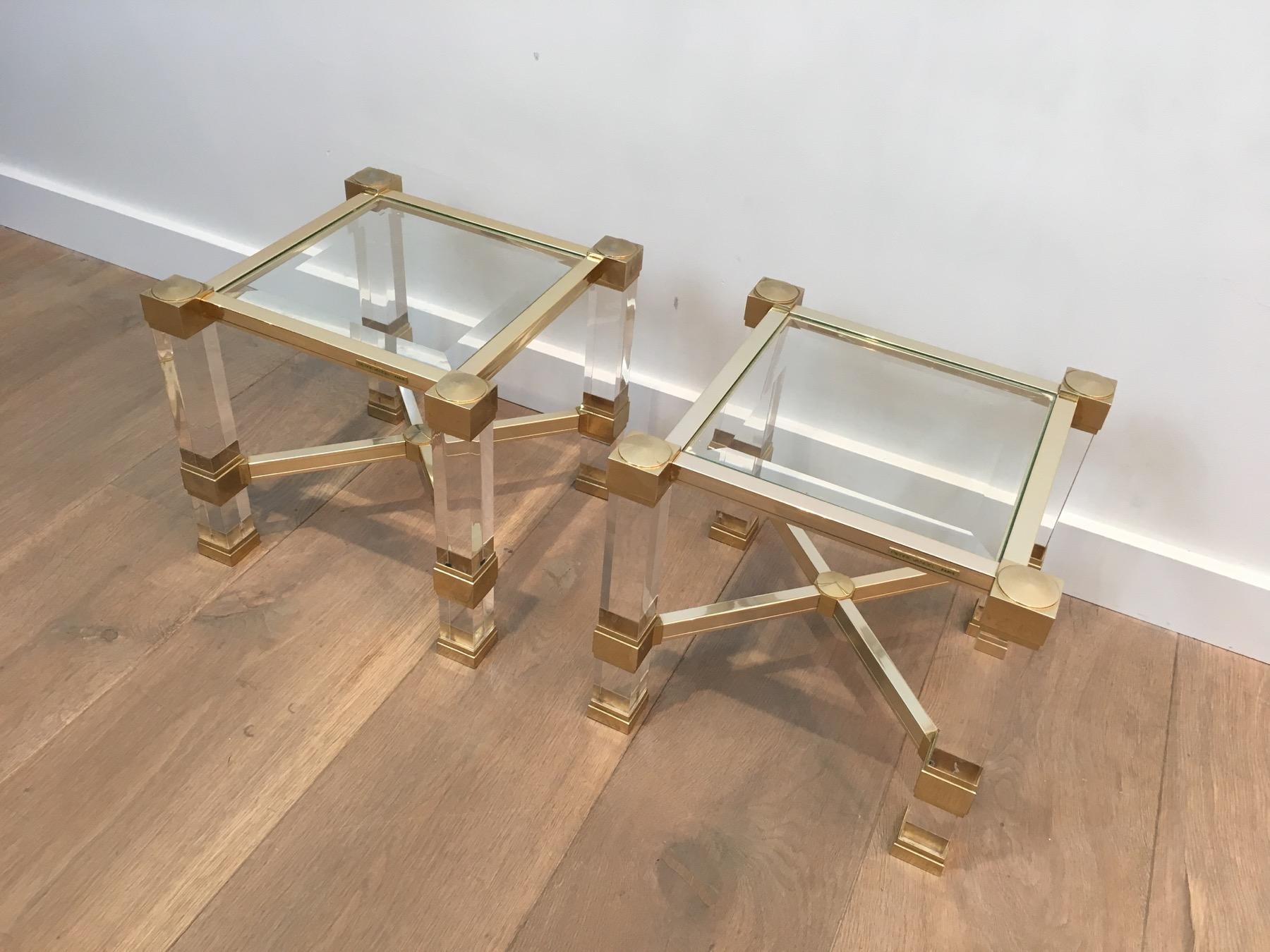 Pierre Vandel. Pair of Lucite and Gold Gilt Side Tables. French. Cir 6
