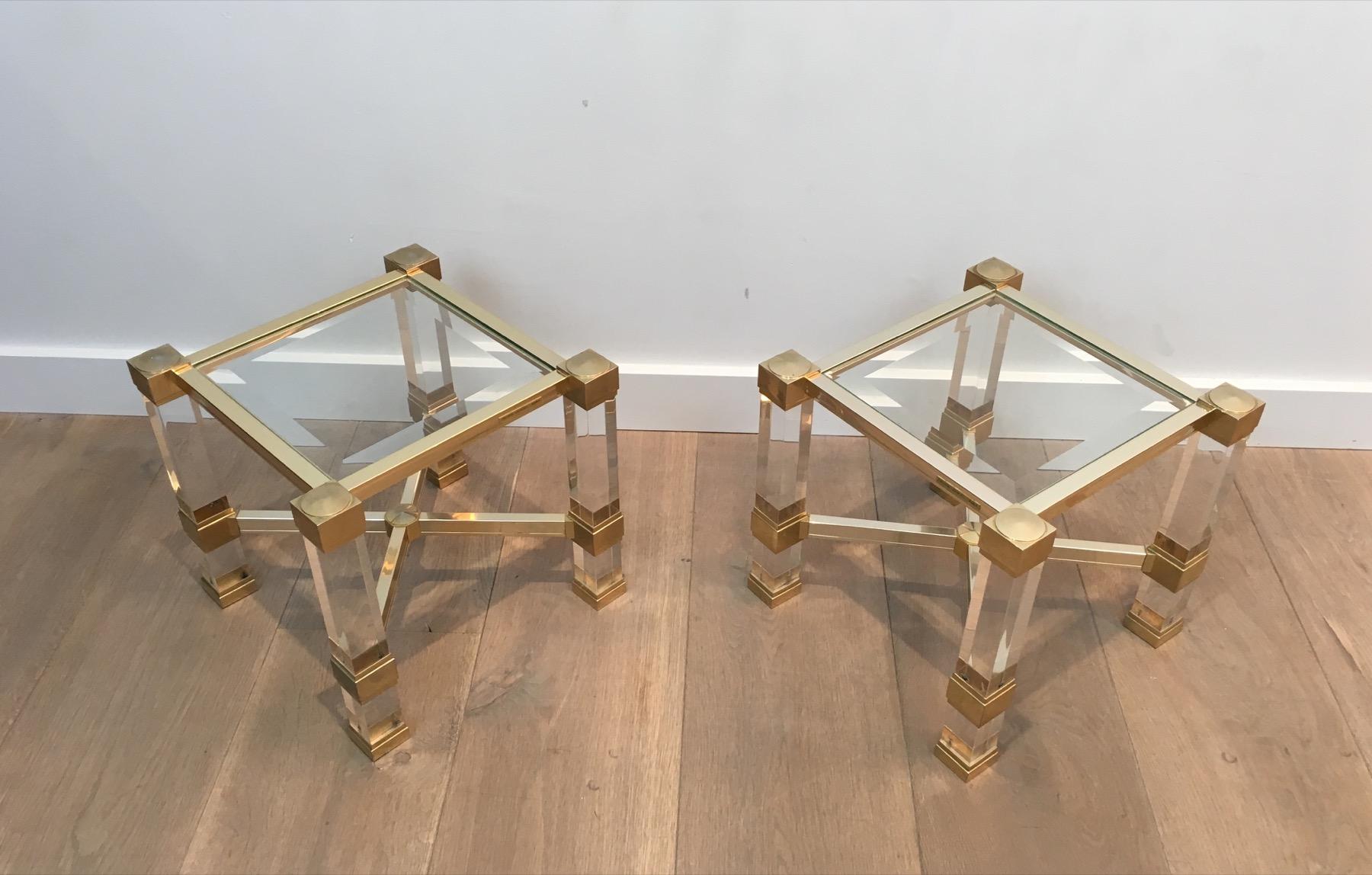 Pierre Vandel. Pair of Lucite and Gold Gilt Side Tables. French. Cir 7