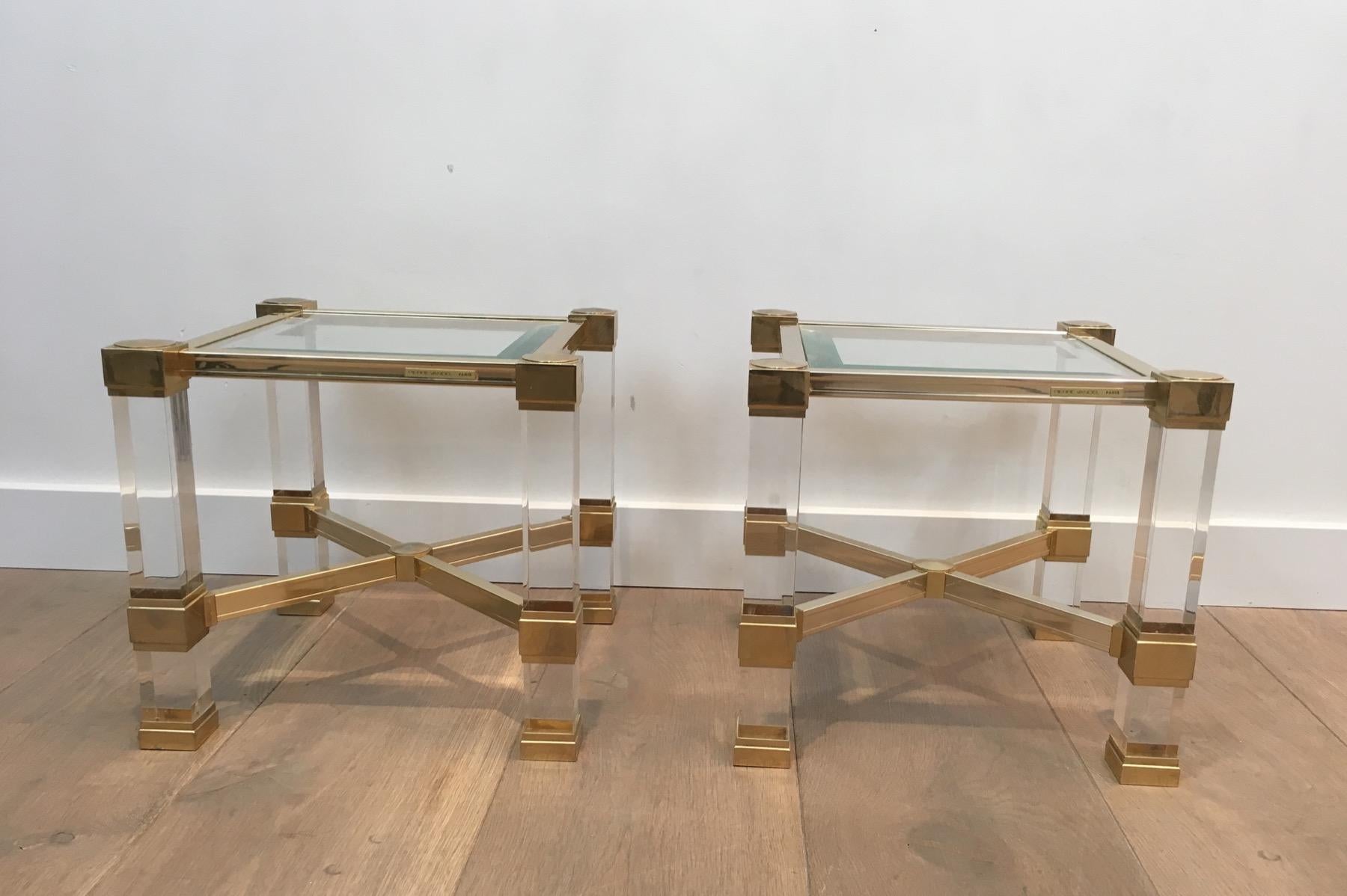 Pierre Vandel. Pair of Lucite and Gold Gilt Side Tables. French. Cir 8