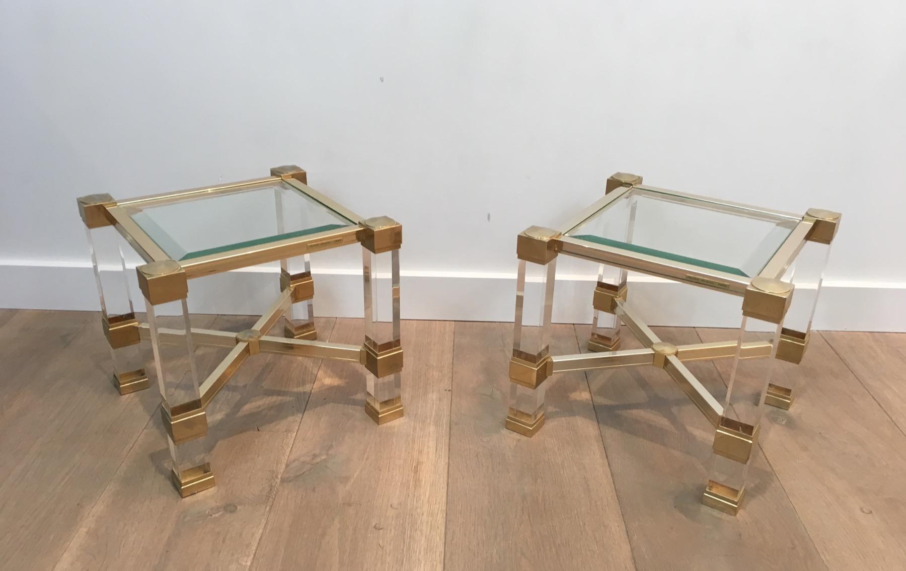 Pierre Vandel. Pair of Lucite and Gold Gilt Side Tables. French. Cir 10