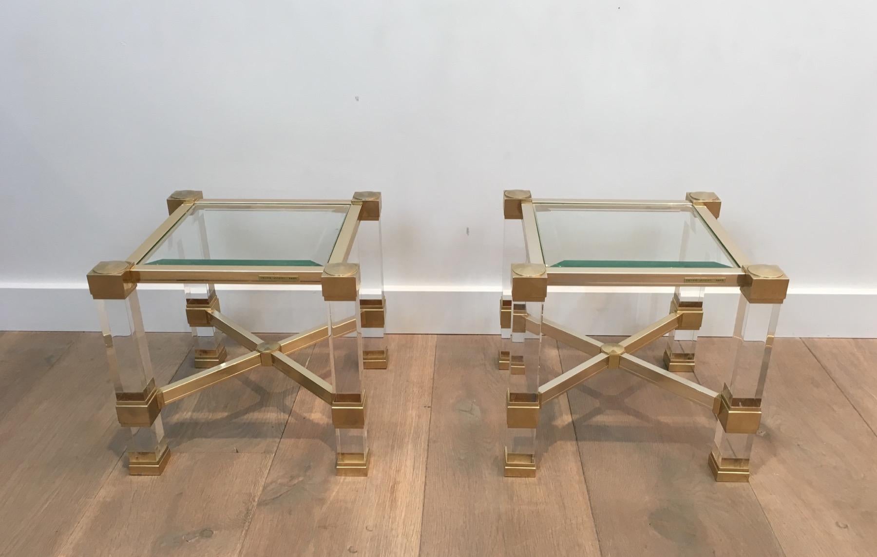 Pierre Vandel. Pair of Lucite and Gold Gilt Side Tables. French. Cir 11