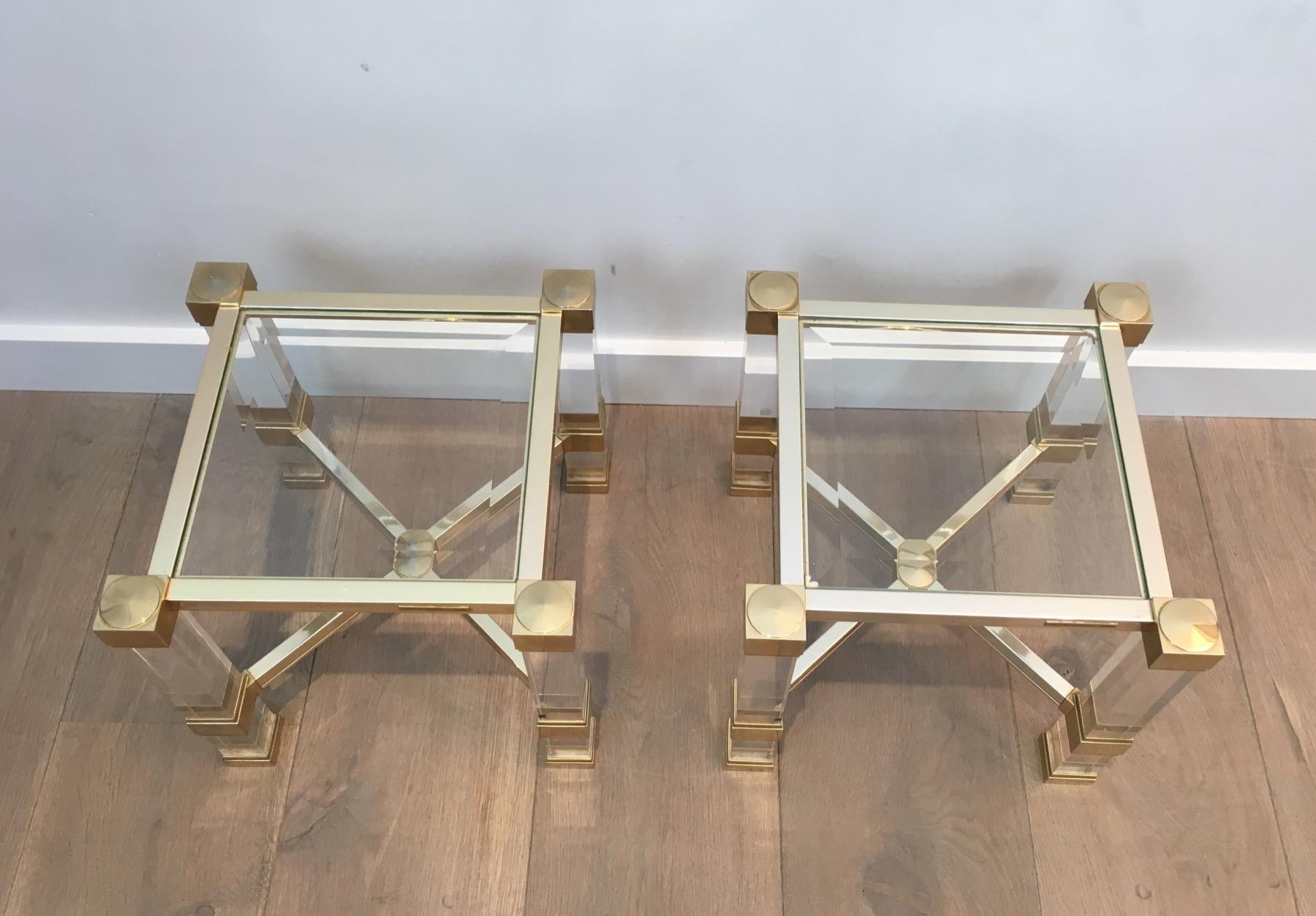 Pierre Vandel. Pair of Lucite and Gold Gilt Side Tables. French. Cir 12