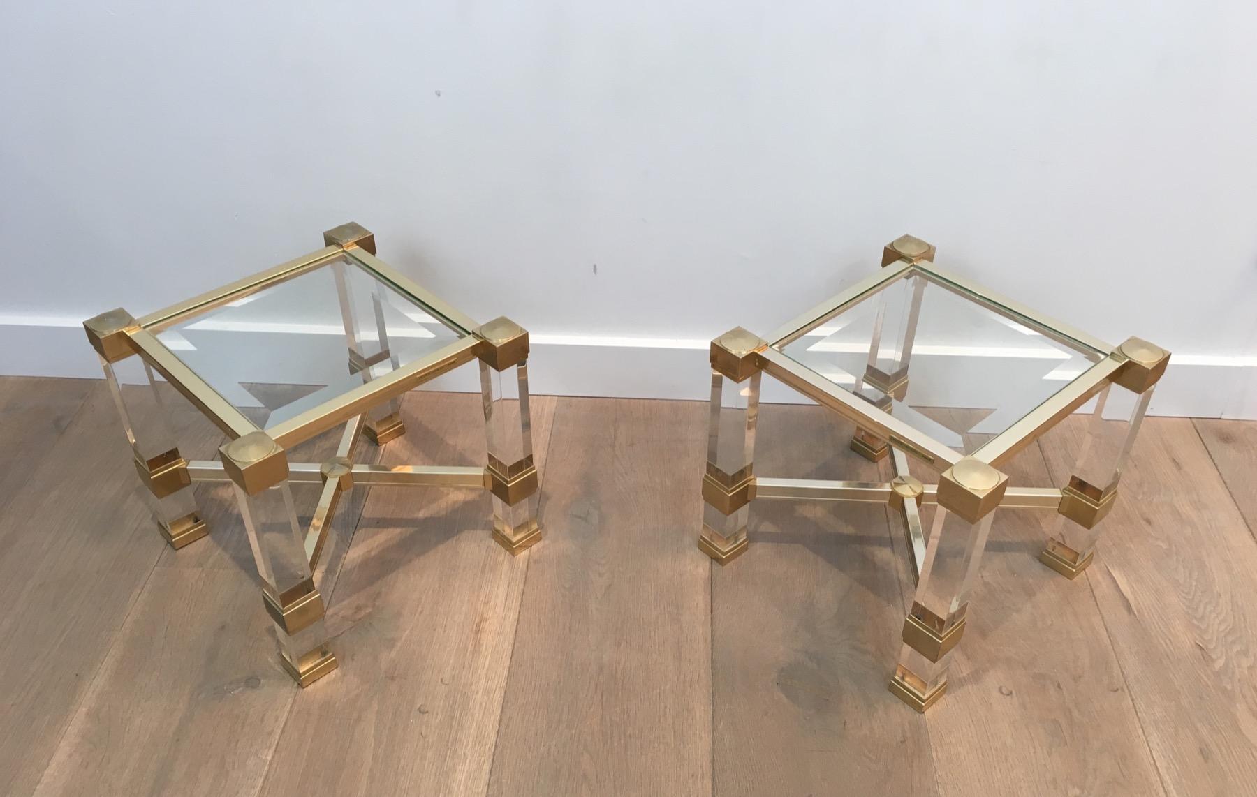 Pierre Vandel. Pair of Lucite and Gold Gilt Side Tables. French. Cir 14