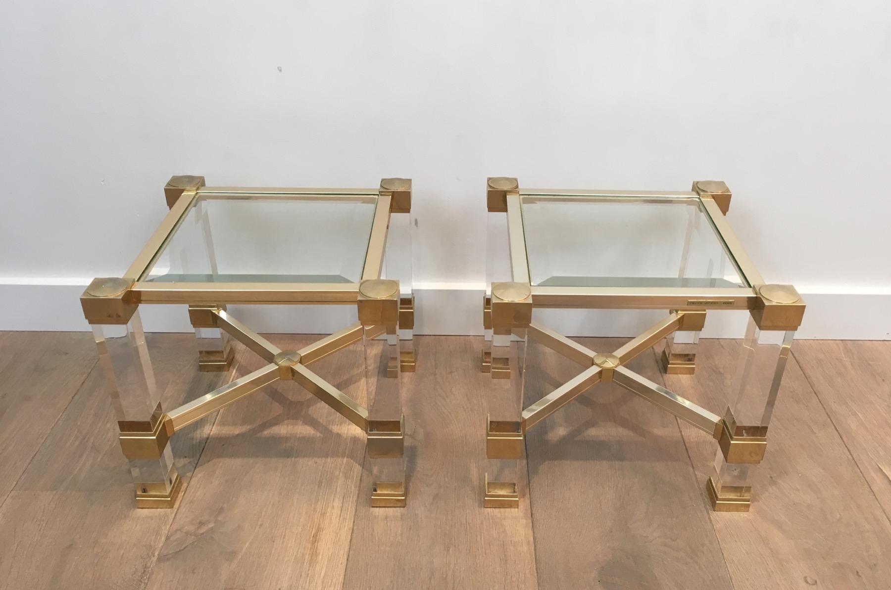 Mid-Century Modern Pierre Vandel. Pair of Lucite and Gold Gilt Side Tables. French. Cir