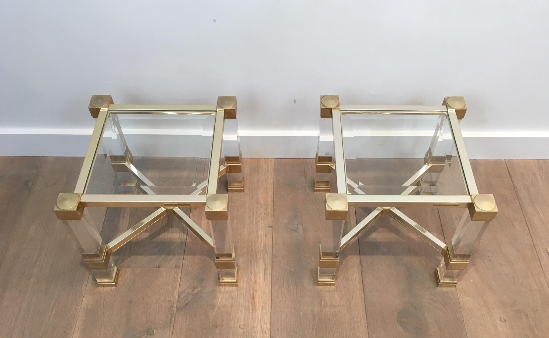 Pierre Vandel. Pair of Lucite and Gold Gilt Side Tables. French. Cir In Good Condition In Marcq-en-Barœul, Hauts-de-France