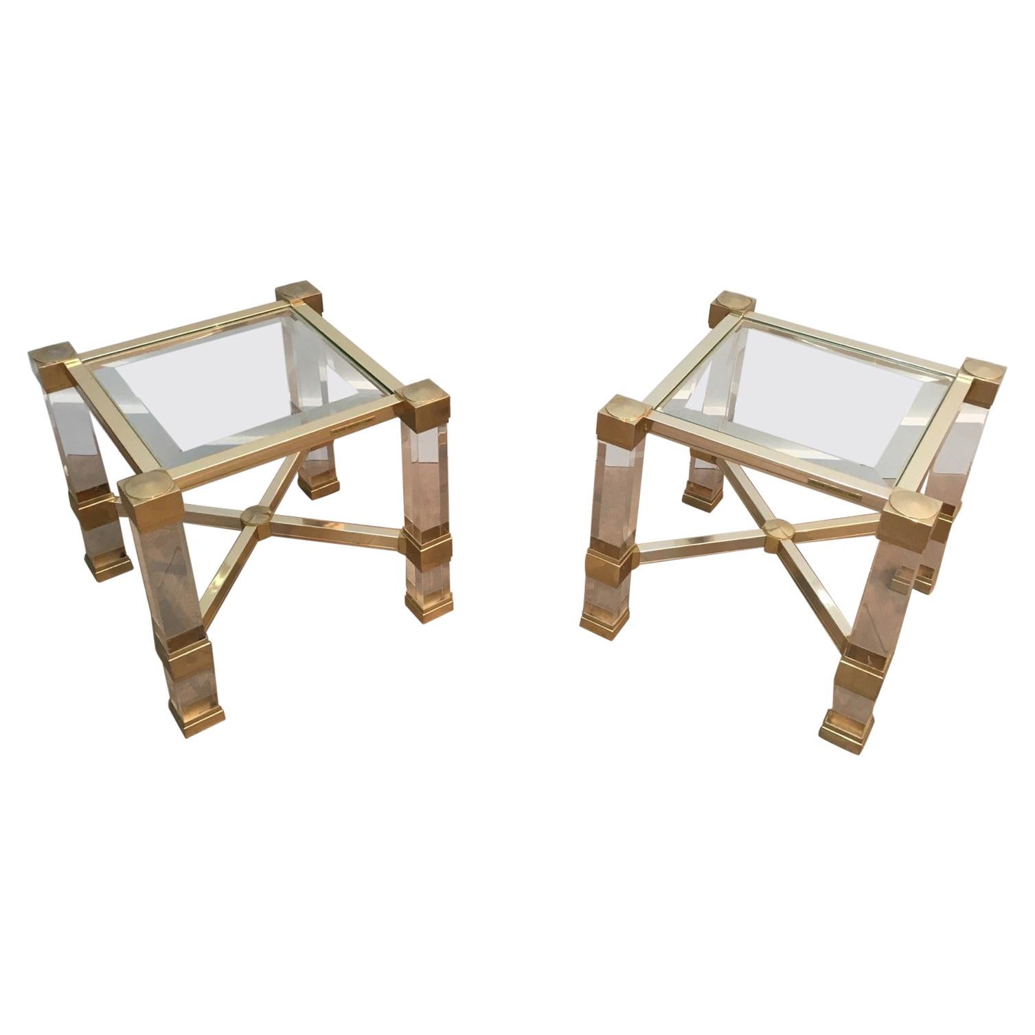 Pierre Vandel. Pair of Lucite and Gold Gilt Side Tables. French. Cir
