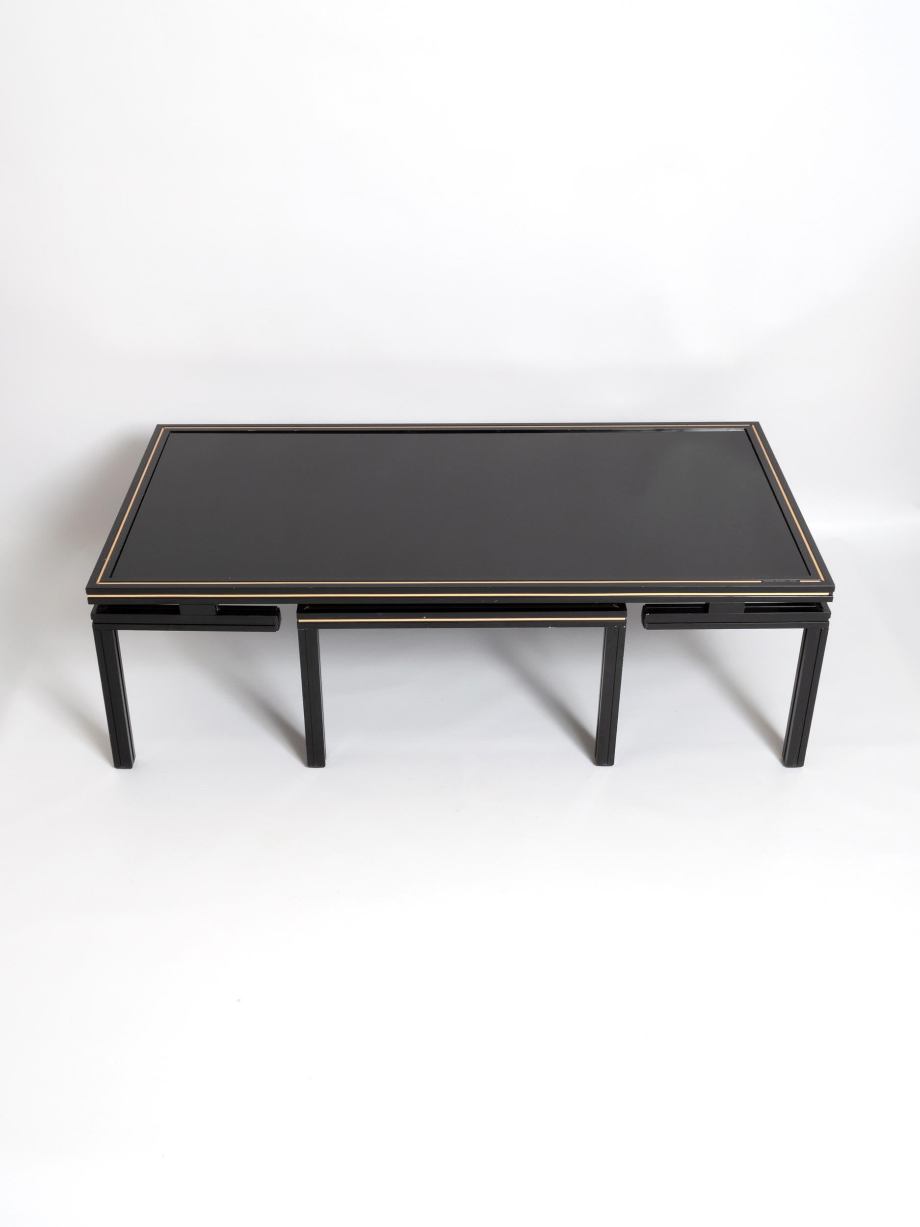 Aluminum Pierre Vandel Paris Black Lacquer Coffee Table with Nesting Table, France
