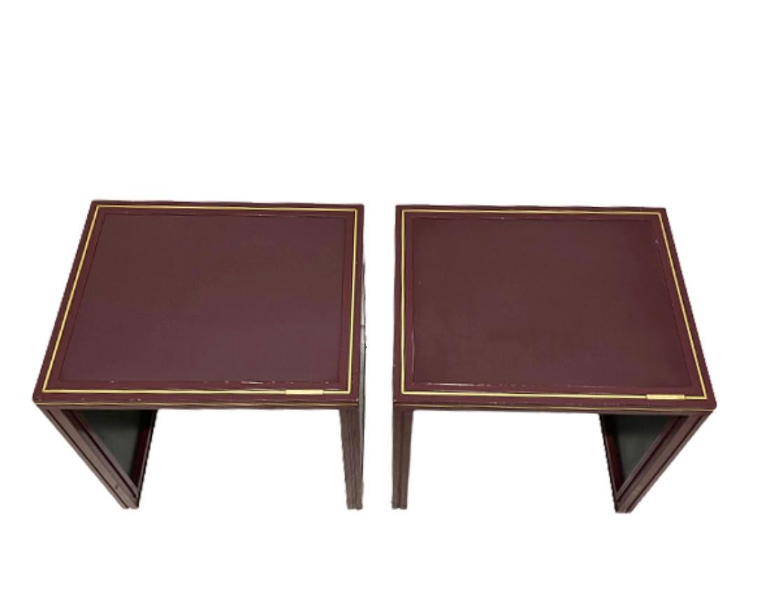 Pierre Vandel, Paris Burgundy laquered tables.

Pierre Vandel side tables in Burgundy lacquered aluminum and with brass inlayed. The tables are marked at the top 
The tables have signs of wear (lacquer)
The sizes are 45 cm high, 45.3 cm wide and
