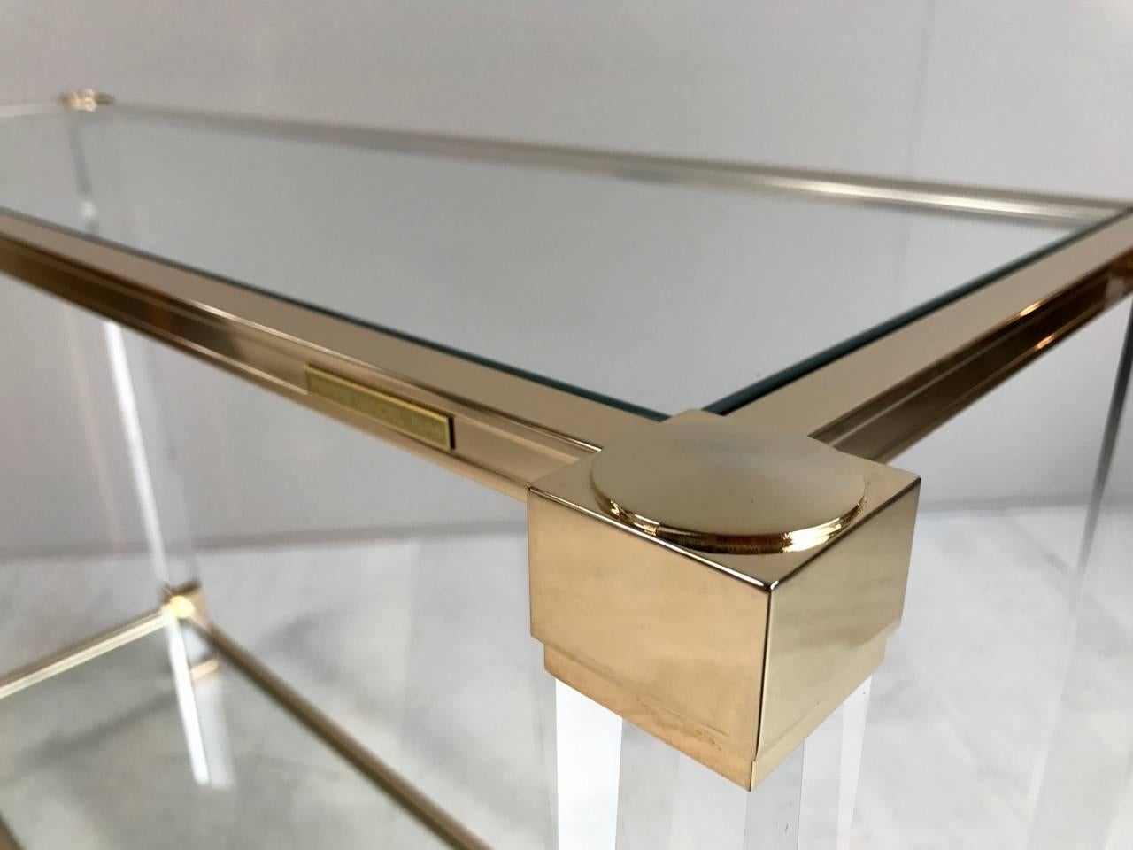International Style Pierre Vandel Paris, Console in Plexiglass, Glass and Gold Metal, France 1970