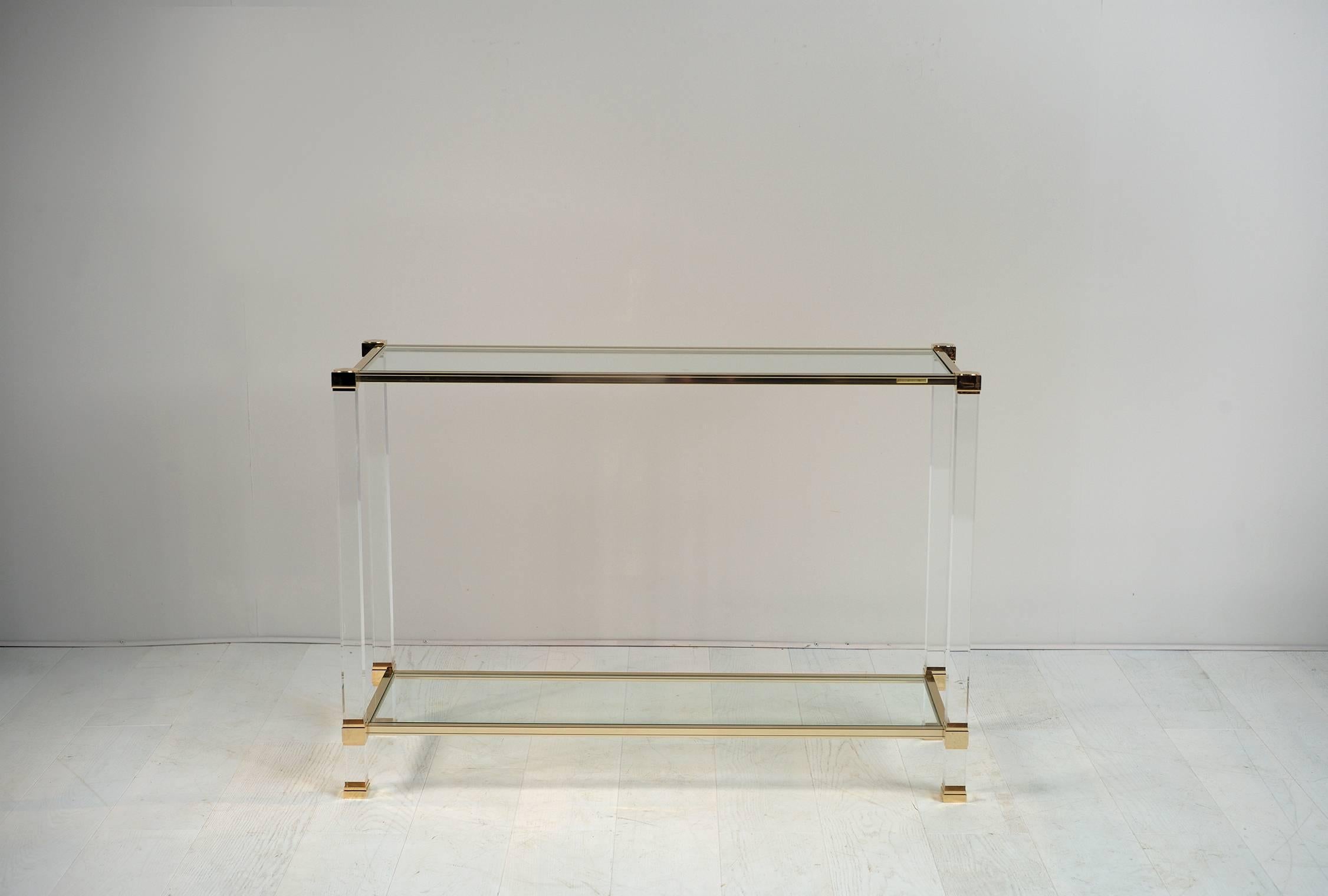 French Pierre Vandel Paris, Console in Plexiglass, Glass and Gold Metal, France 1970