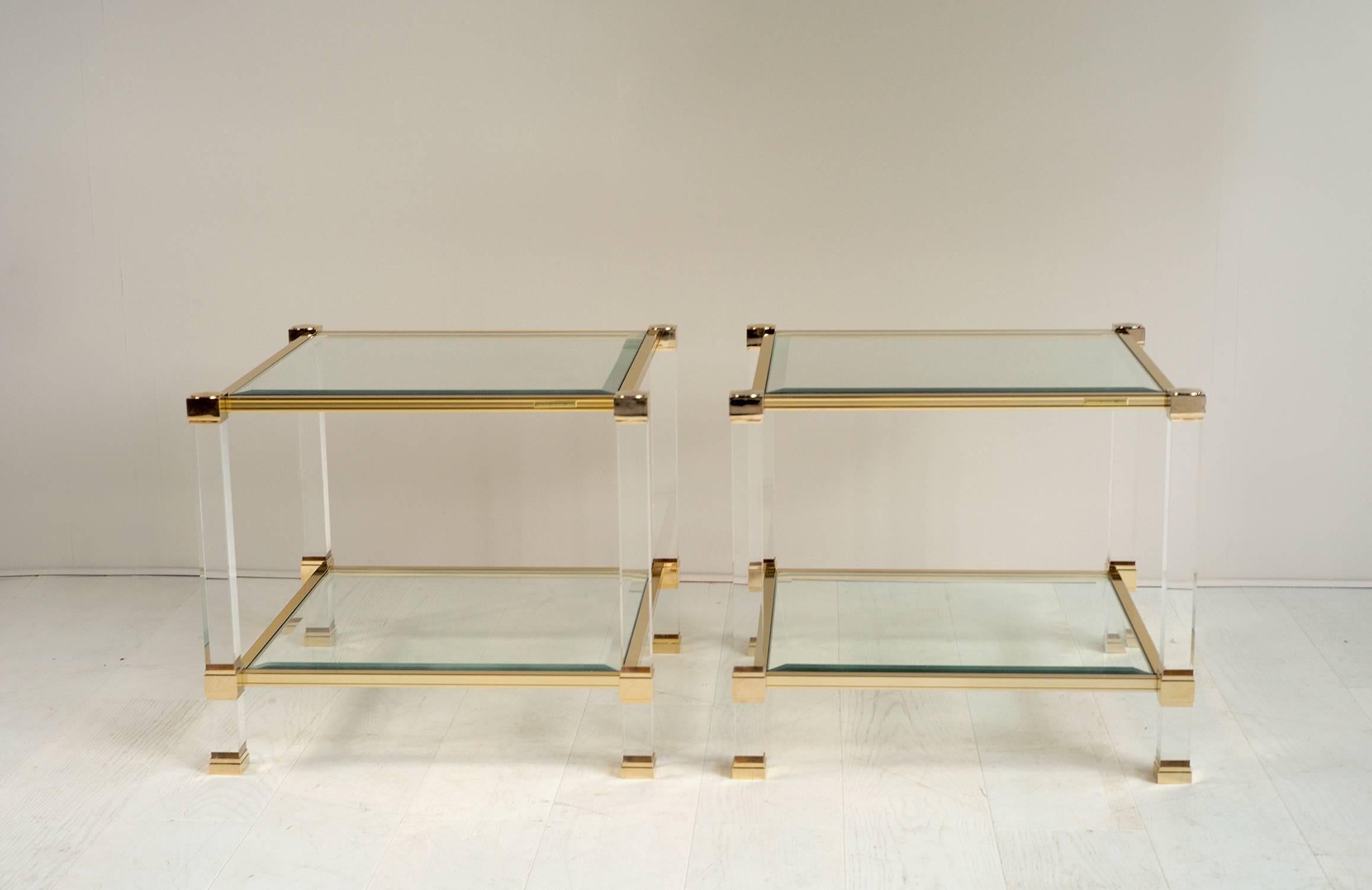 Glass Pierre Vandel Paris, Pair of Double Top Side Tables, France, 1970