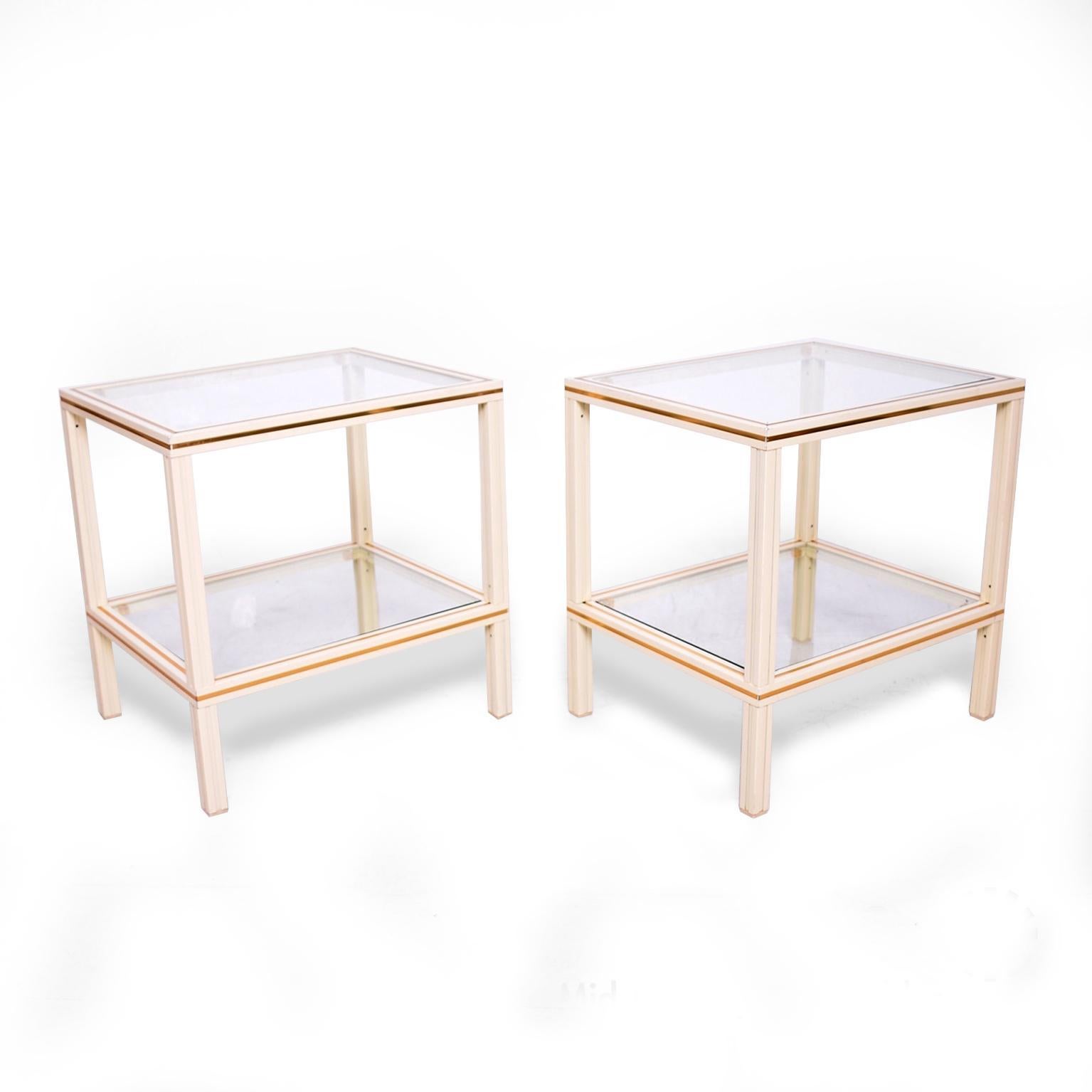 For your consideration: Pierre Vandel fabulous Trio Set includes Rectangular Coffee Table and 2 Side Tables Paris France 1970s
Made in Aluminum, Brass and Glass. 
Coffee table: 15.13 H x 41.5 L x 21.5D.
Side tables: 20.25H x 19.5 W x 16D.
Side