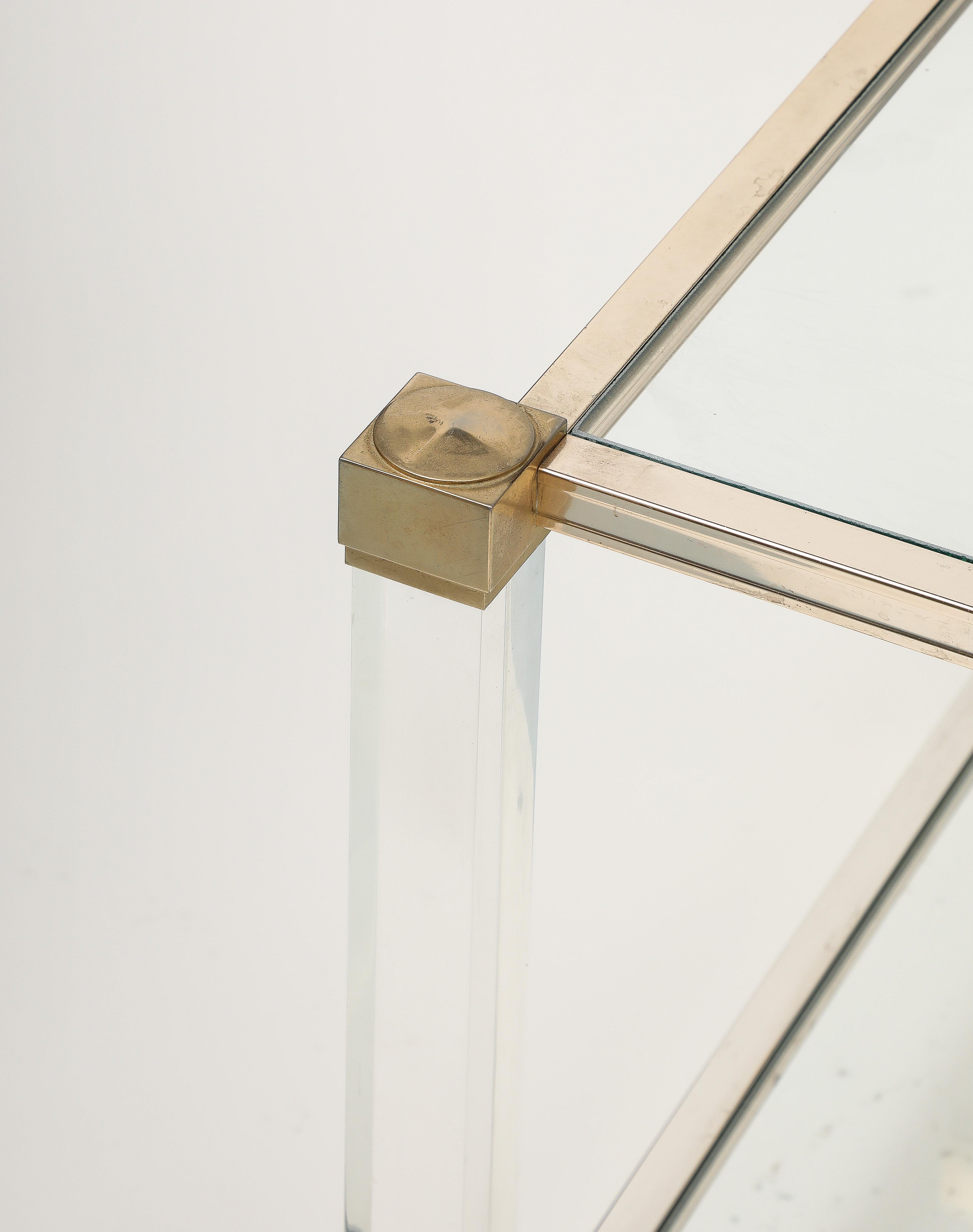 French Pierre Vandel Square Lucite and Glass End Table