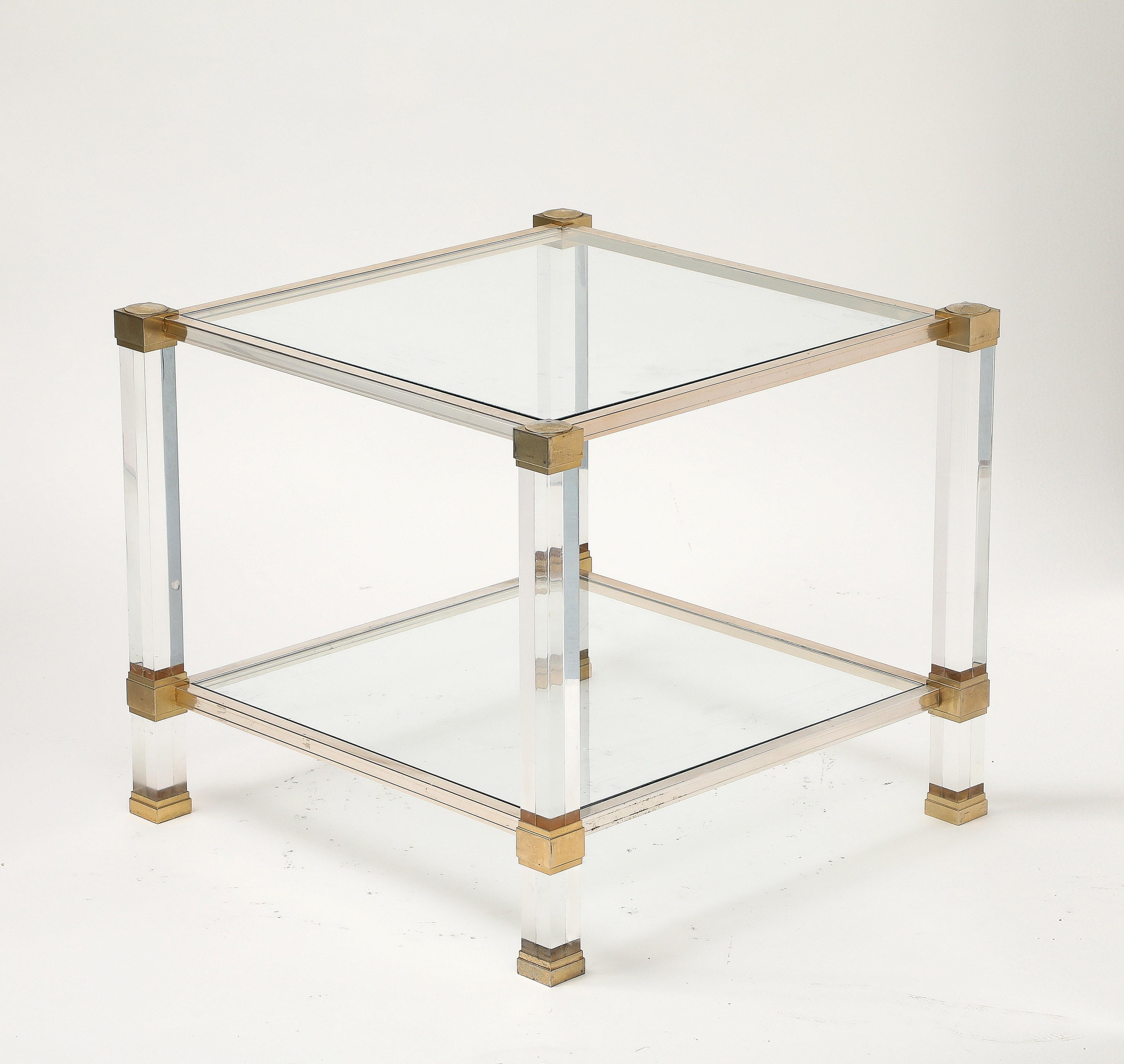 Late 20th Century Pierre Vandel Square Lucite and Glass End Table