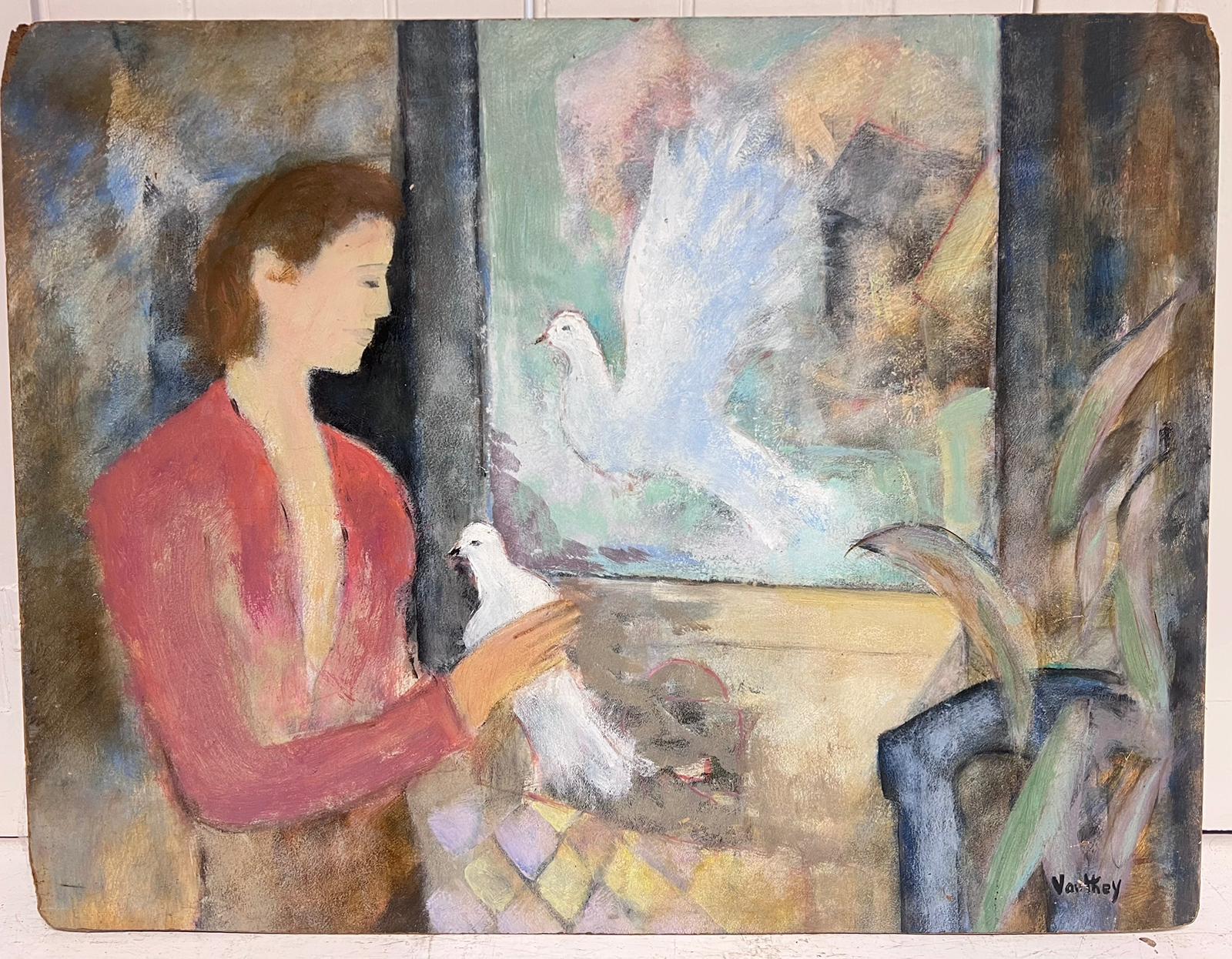20th Century French Modernist Oil Lady with White Doves Signed original - Painting by Pierre Vauthey