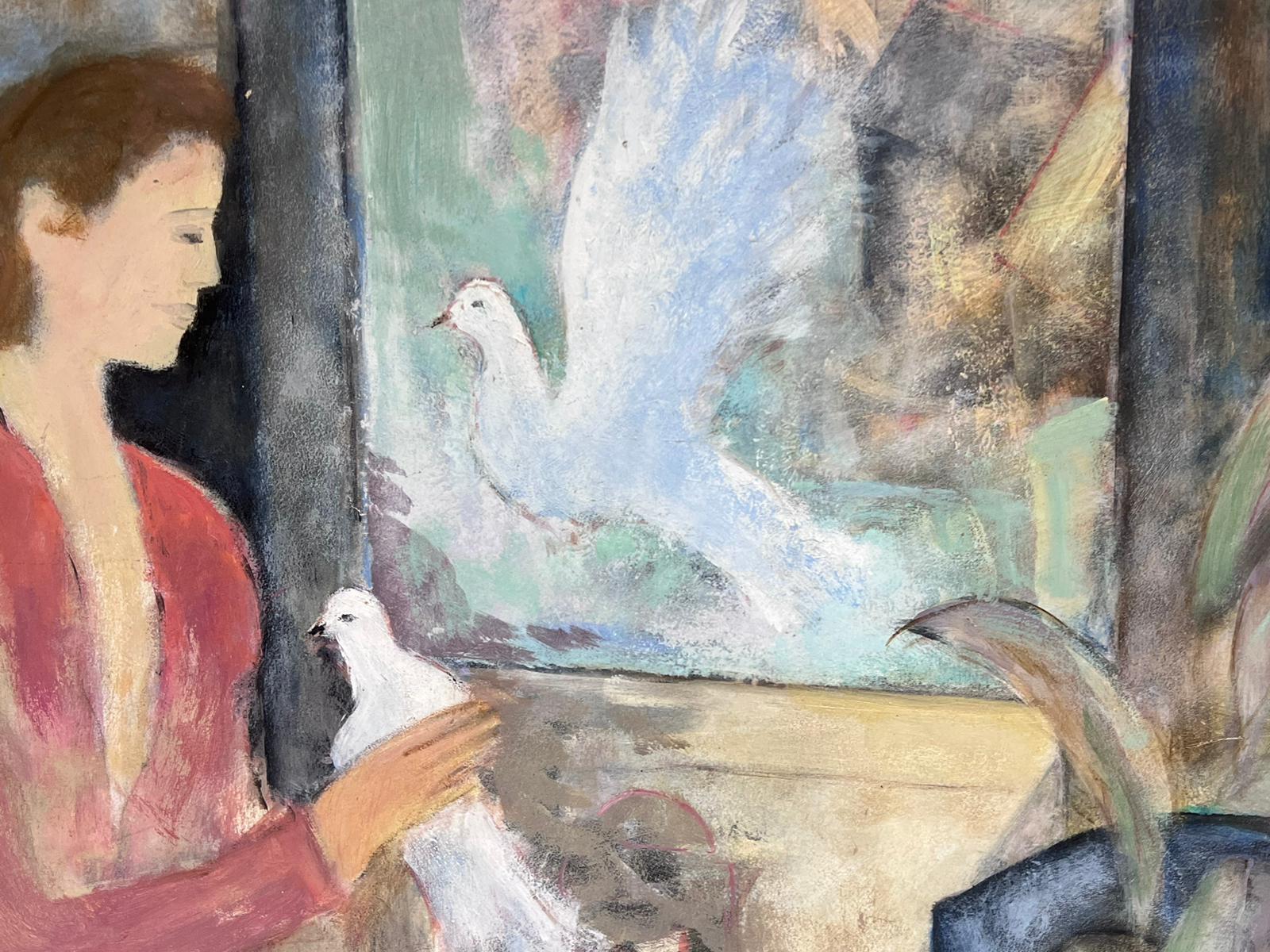 20th Century French Modernist Oil Lady with White Doves Signed original - Brown Figurative Painting by Pierre Vauthey