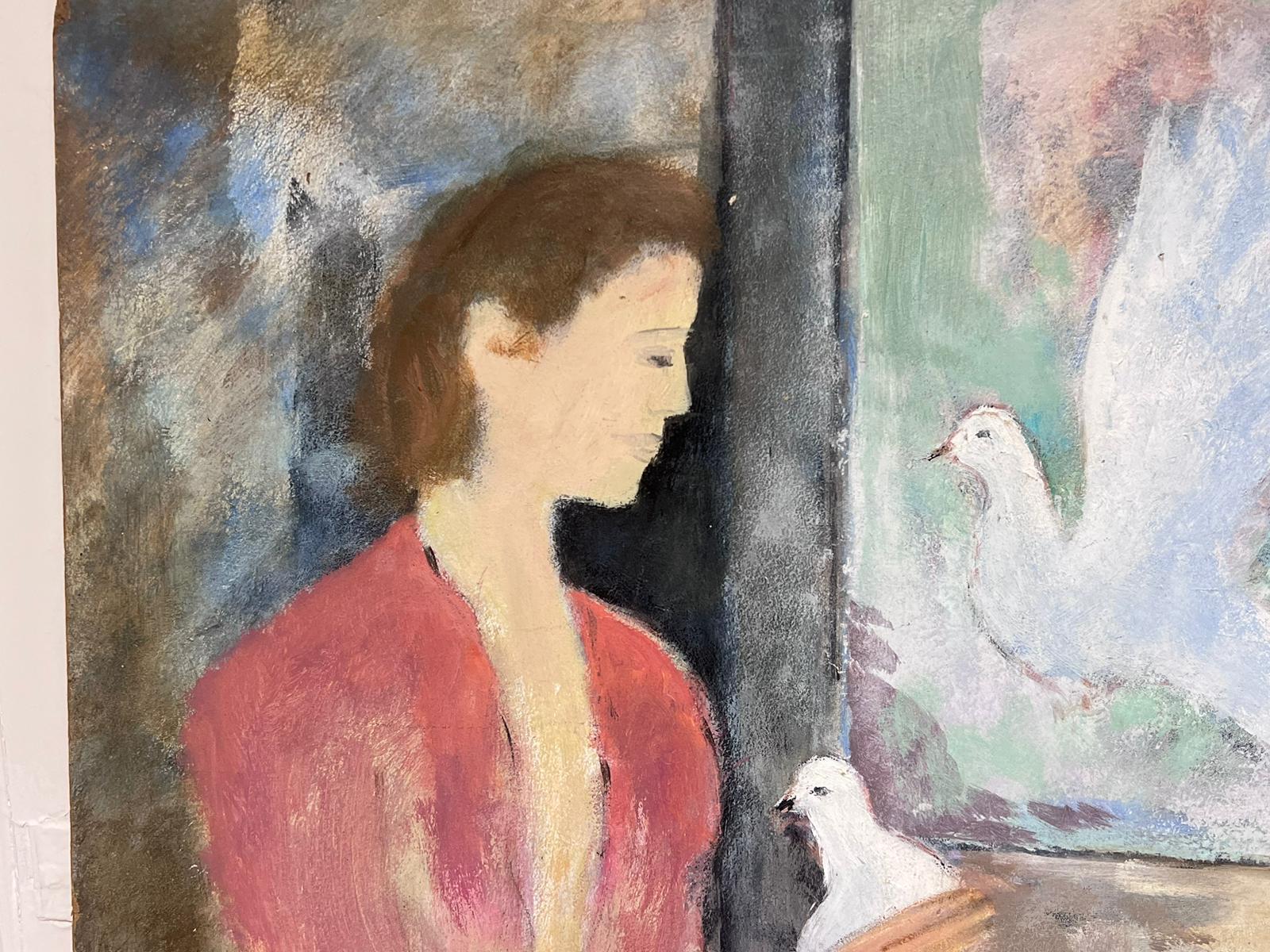20th Century French Modernist Oil Lady with White Doves Signed original 1